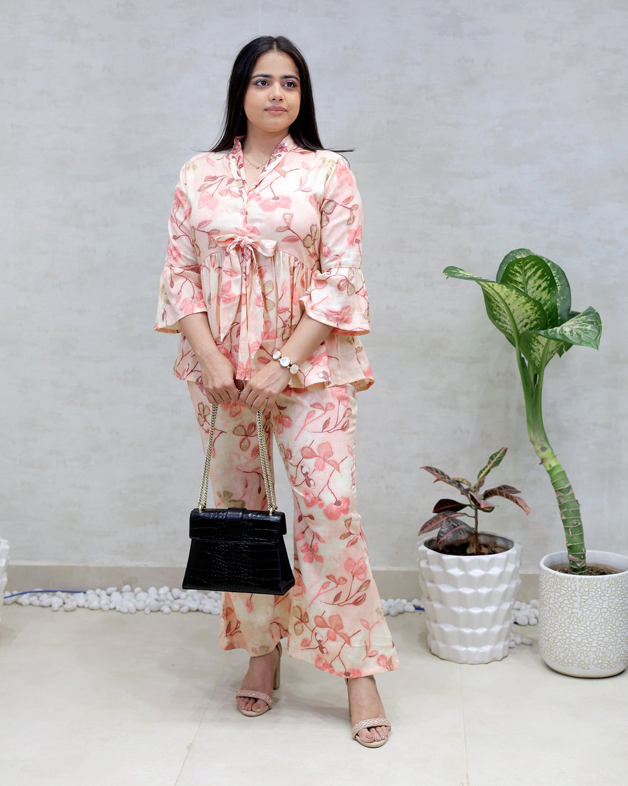 Rayon Floral Print Peplum Top with Bell Bottoms