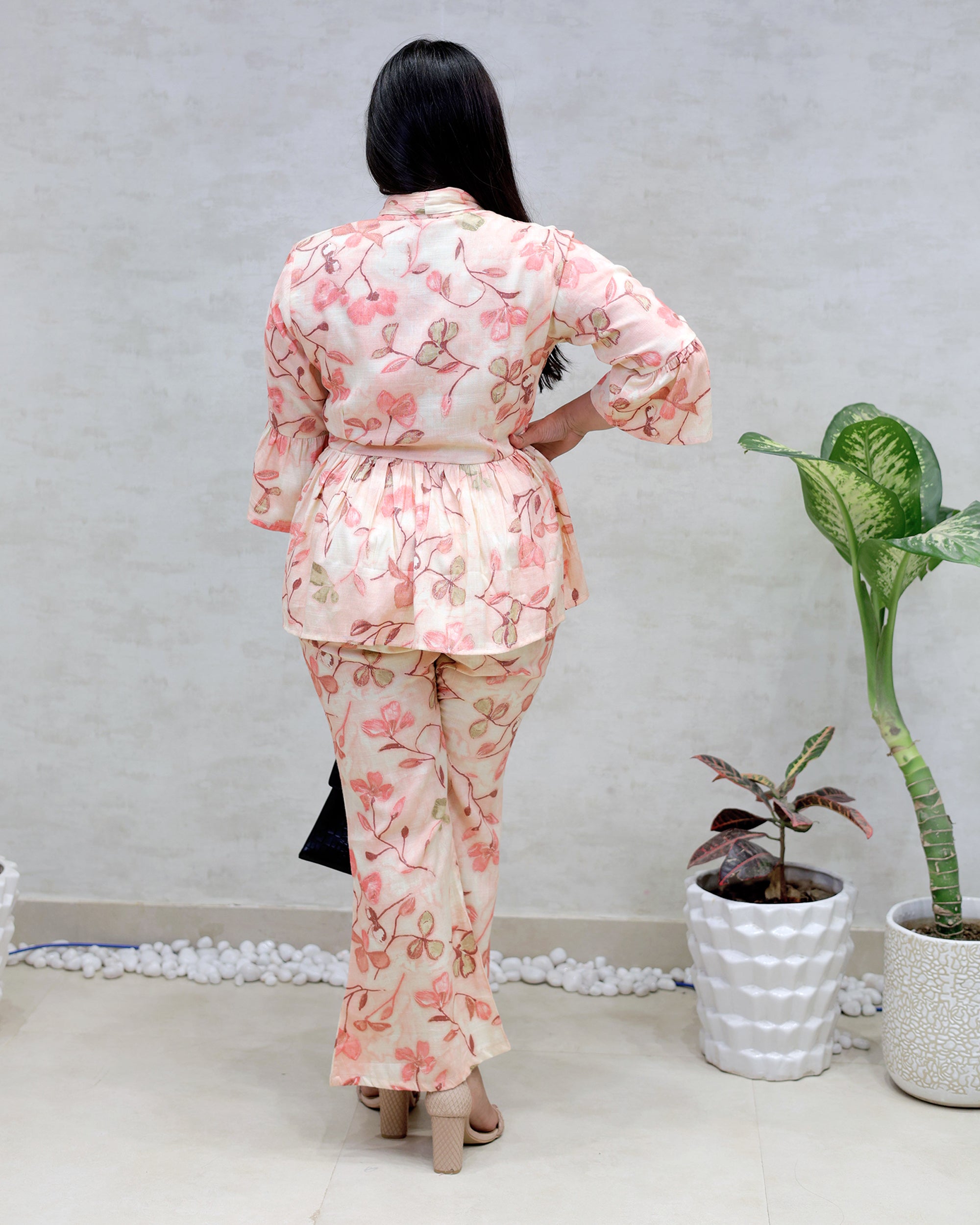 Rayon Floral Print Peplum Top with Bell Bottoms