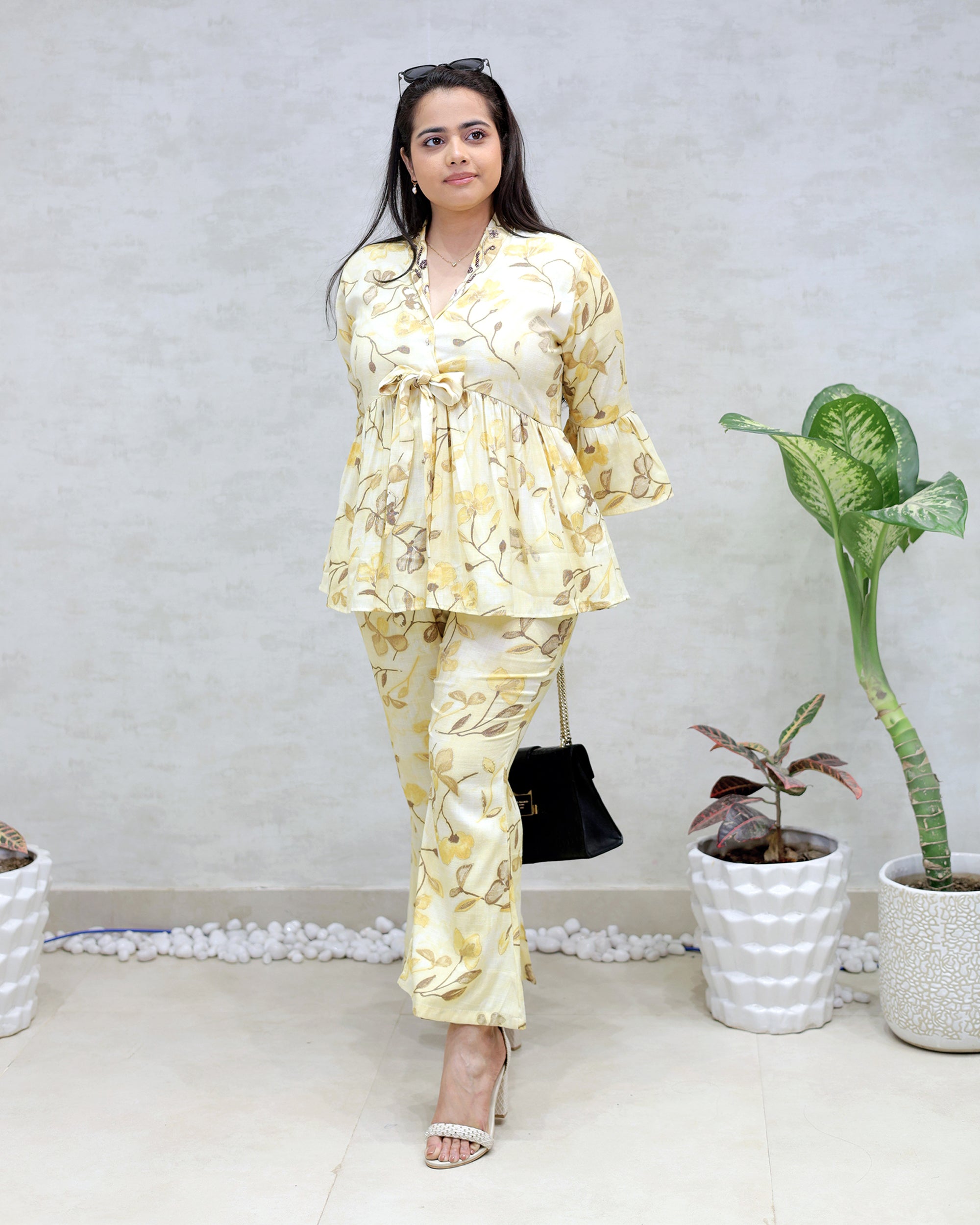 Rayon Floral Print Peplum Top with Bell Bottoms
