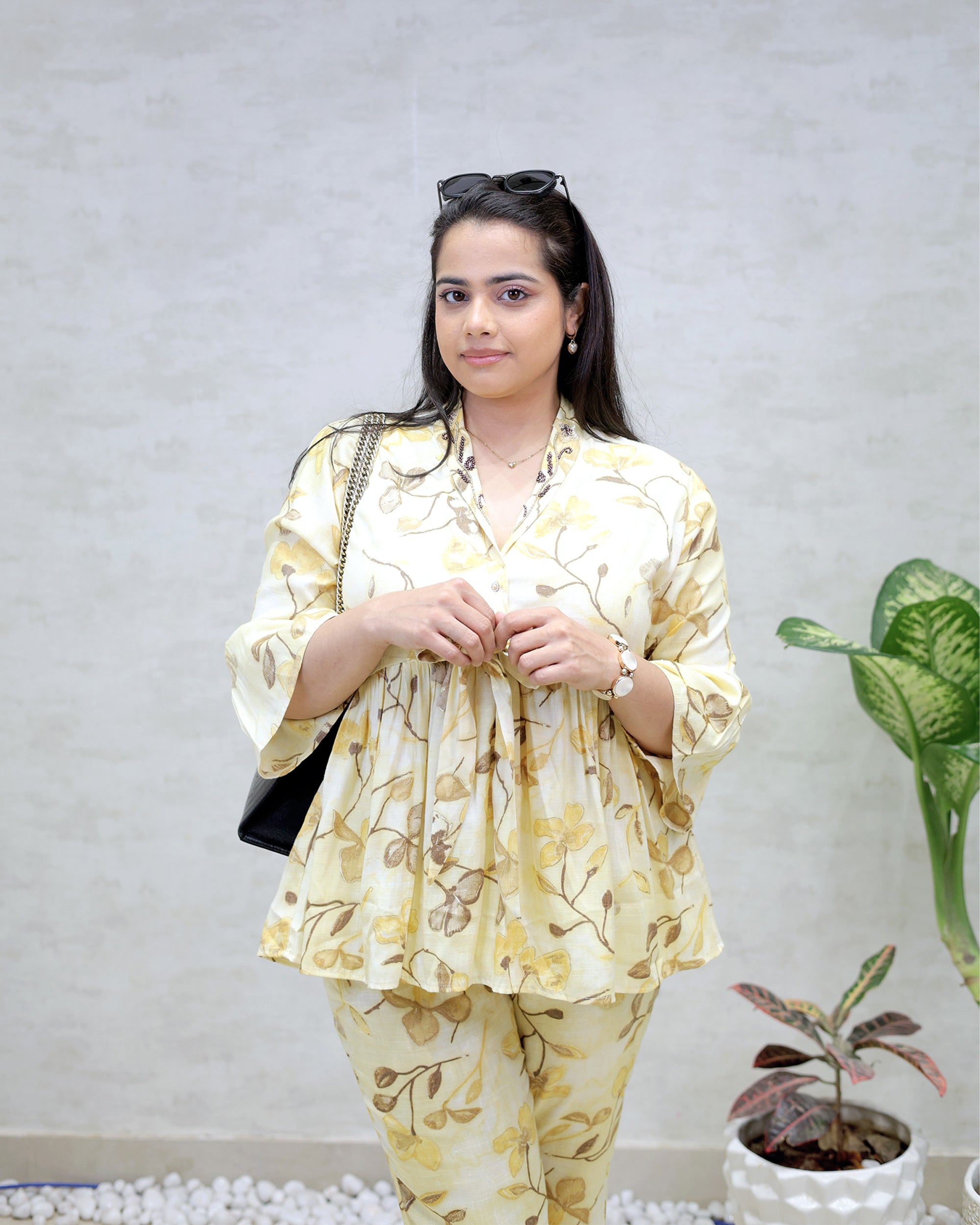 Rayon Floral Print Peplum Top with Bell Bottoms