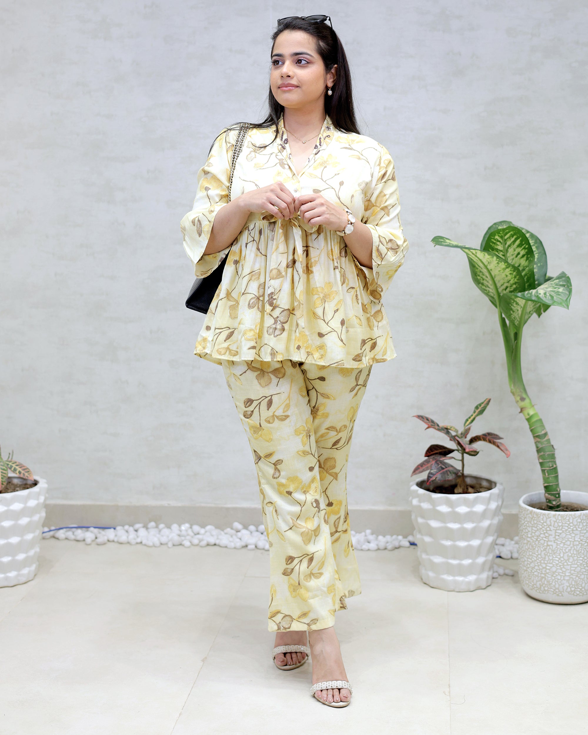 Rayon Floral Print Peplum Top with Bell Bottoms
