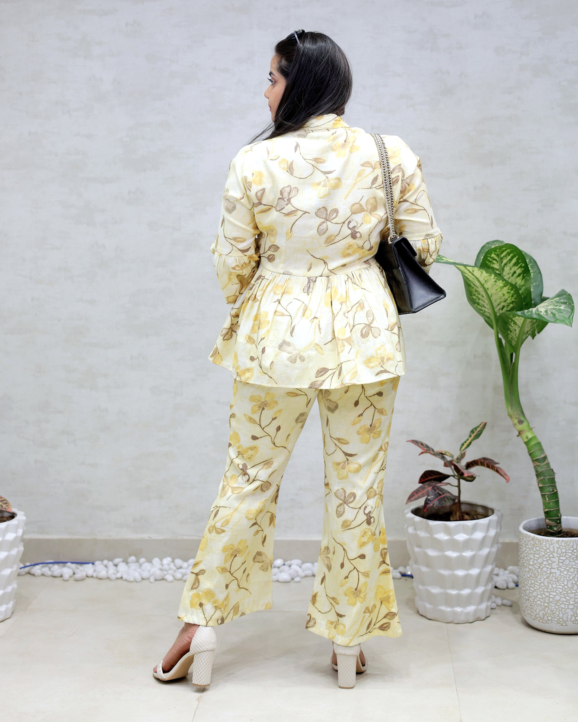 Rayon Floral Print Peplum Top with Bell Bottoms