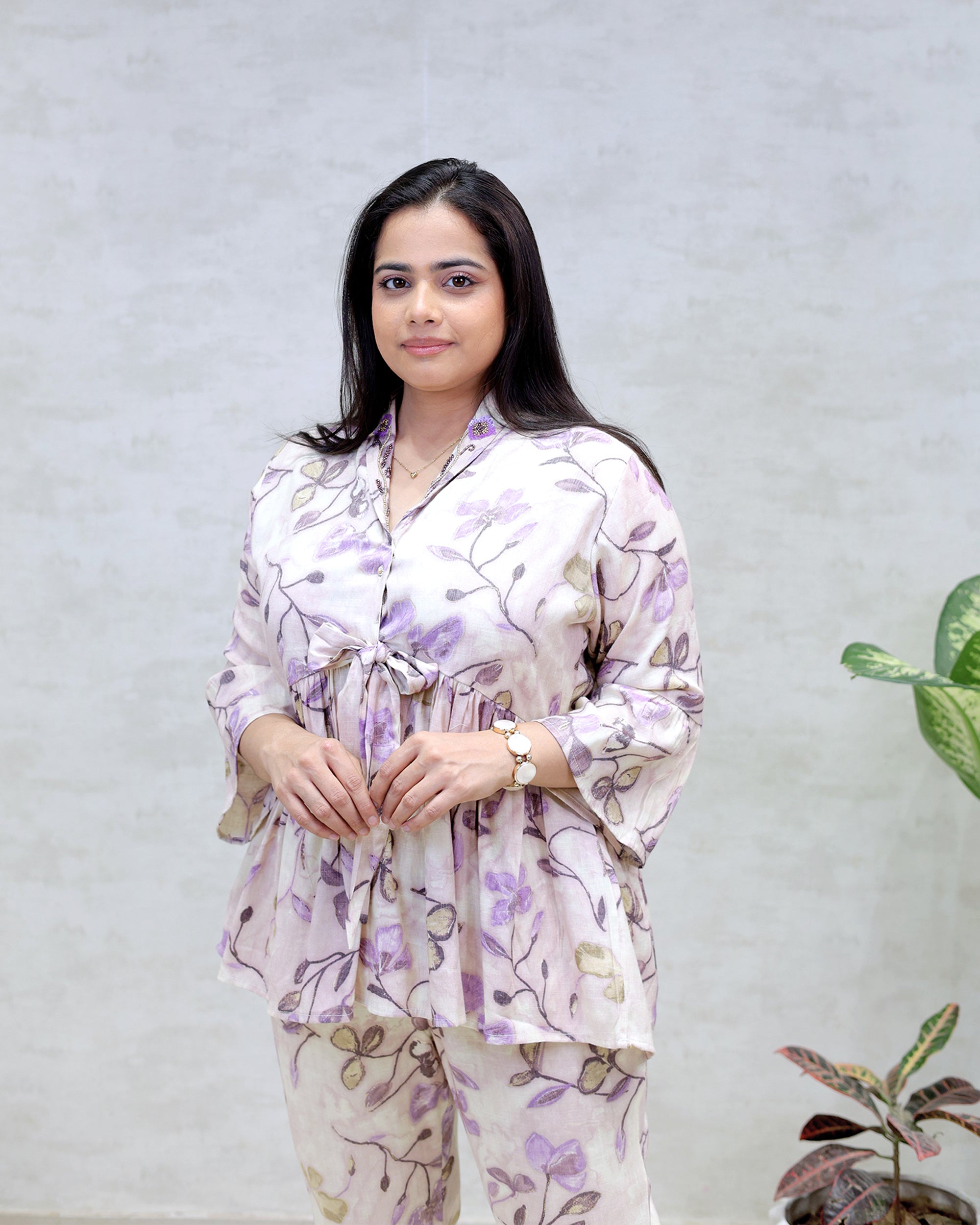 Rayon Floral Print Peplum Top with Bell Bottoms