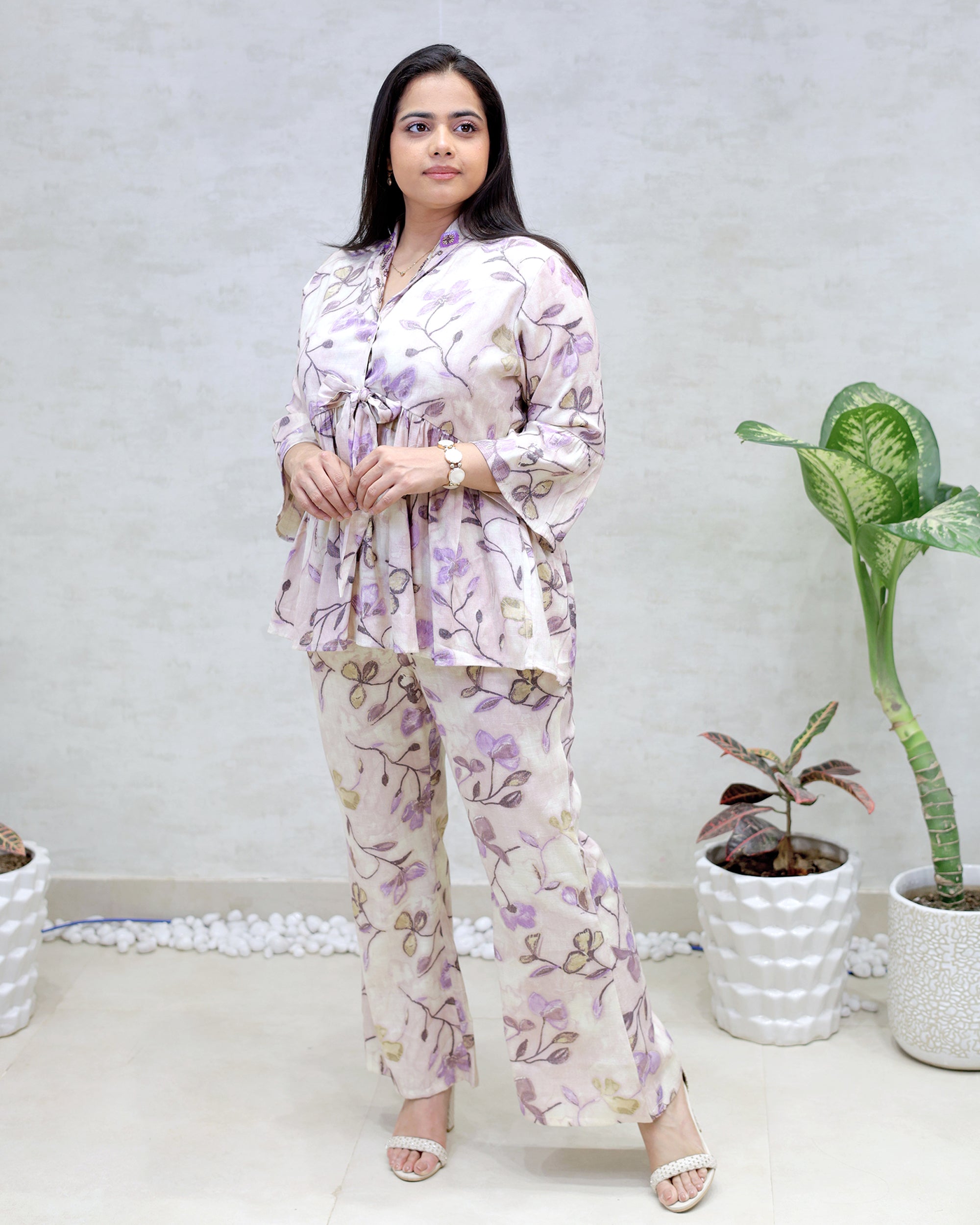 Rayon Floral Print Peplum Top with Bell Bottoms