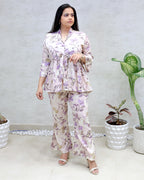 Rayon Floral Print Peplum Top with Bell Bottoms