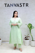 A-line Long Kurta Net Yoke with Pants