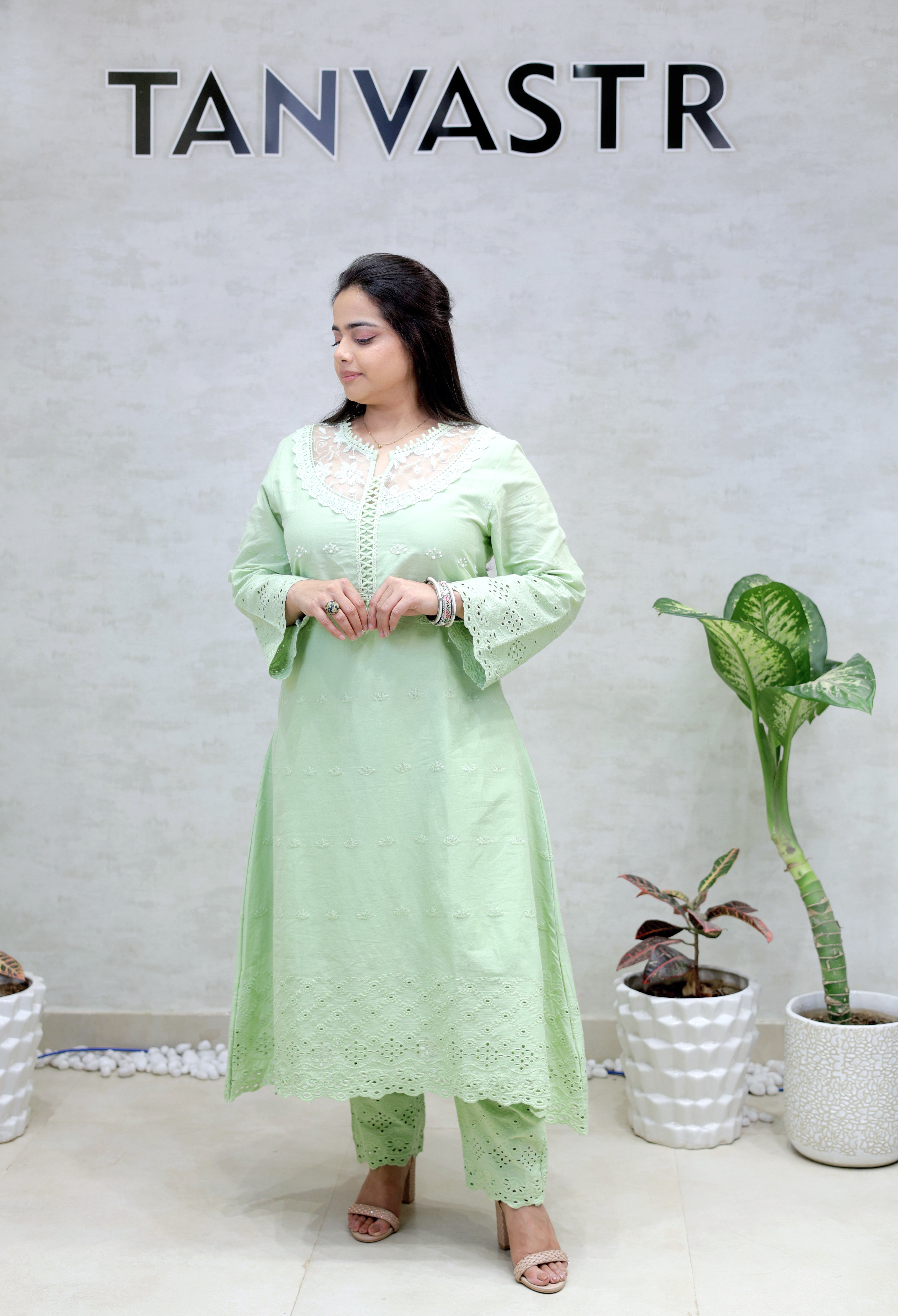 A-line Long Kurta Net Yoke with Pants
