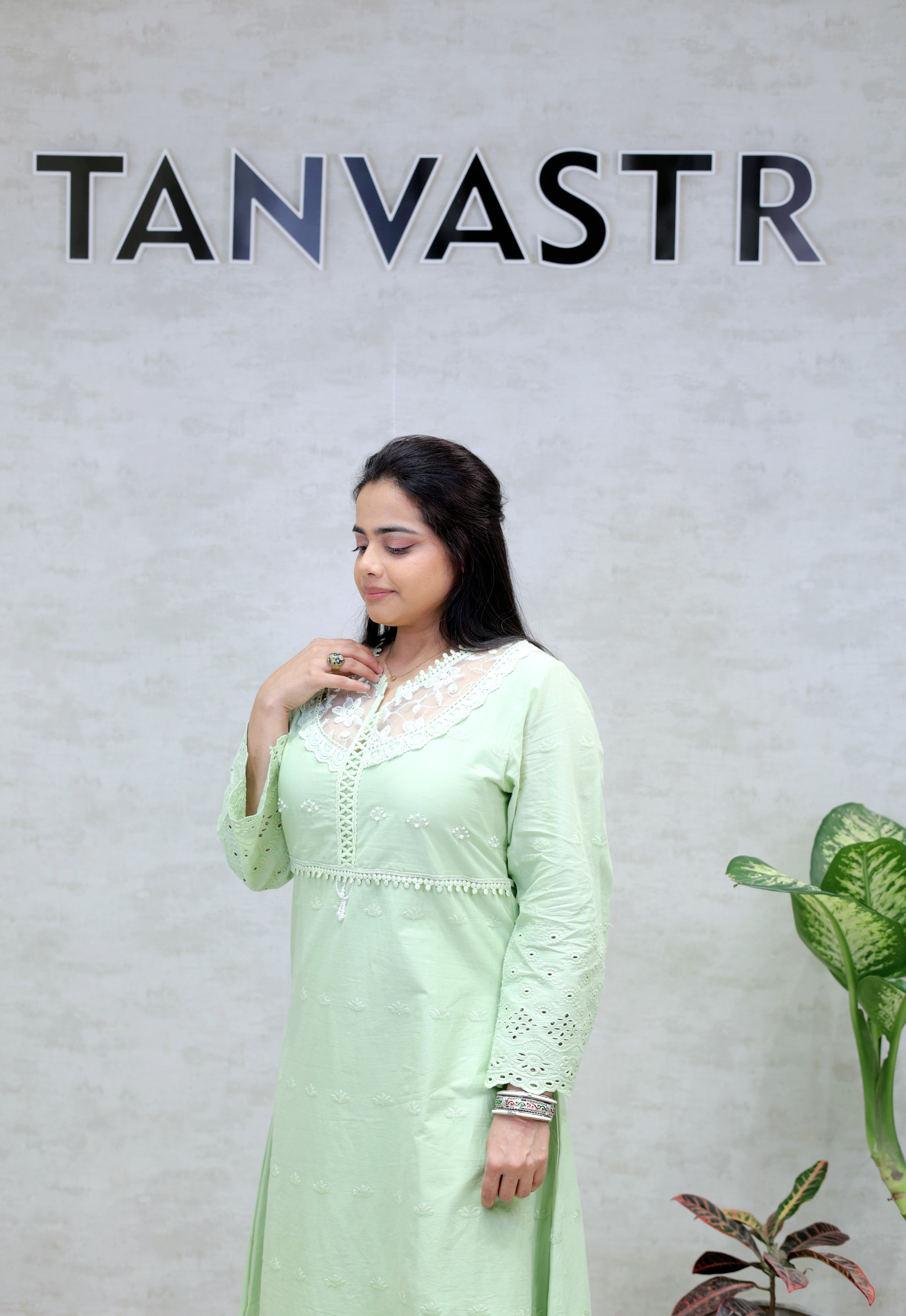 A-line Long Kurta Net Yoke with Pants