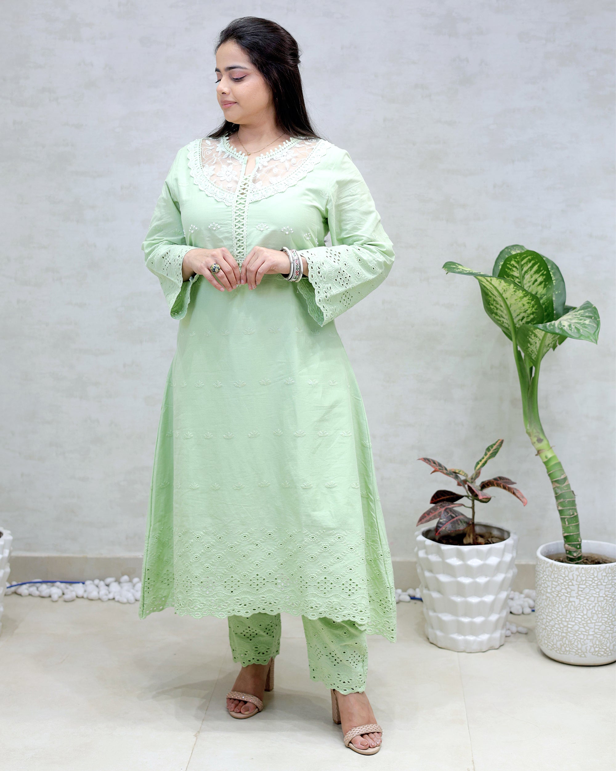 A-line Long Kurta Net Yoke with Pants Main image