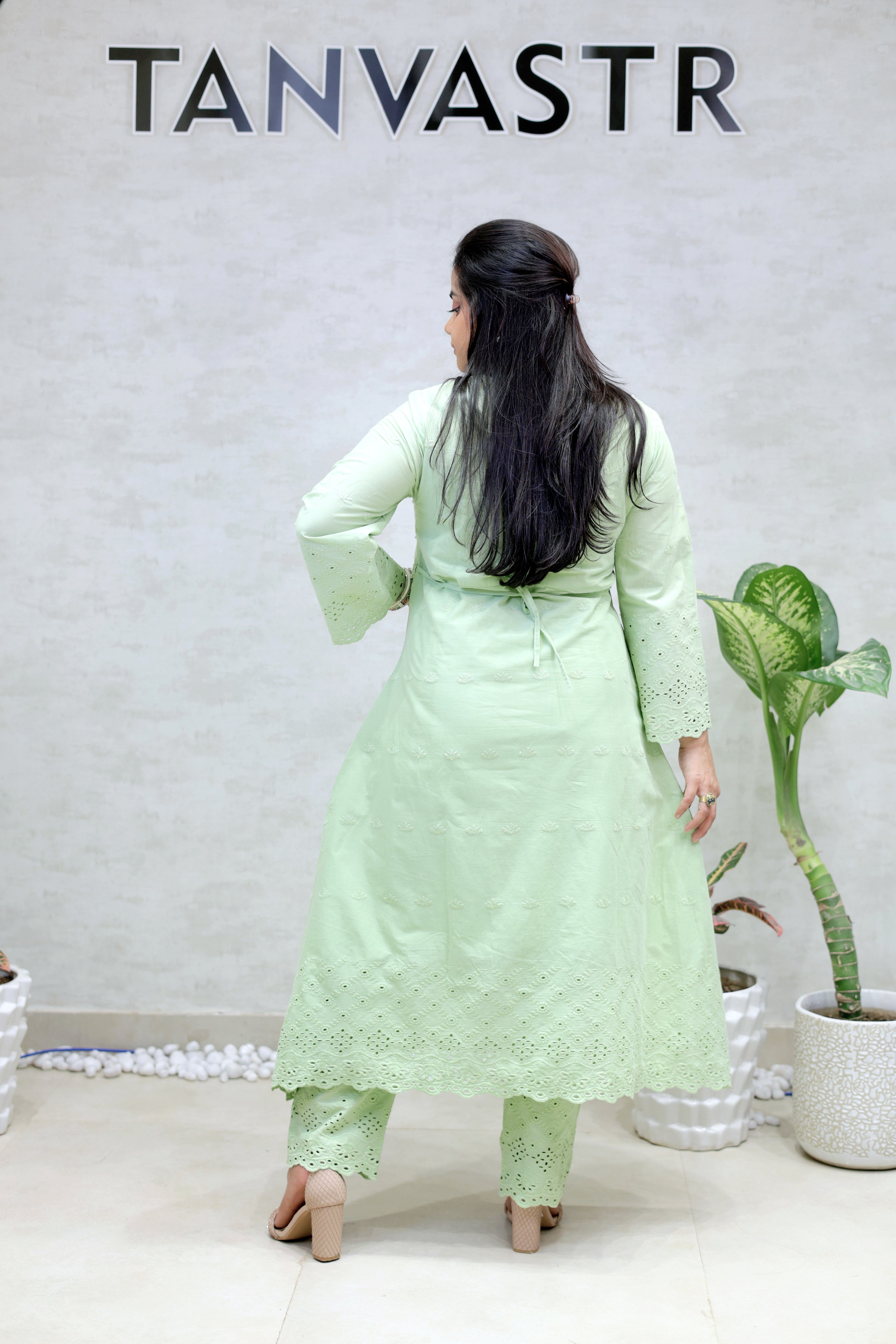 A-line Long Kurta Net Yoke with Pants