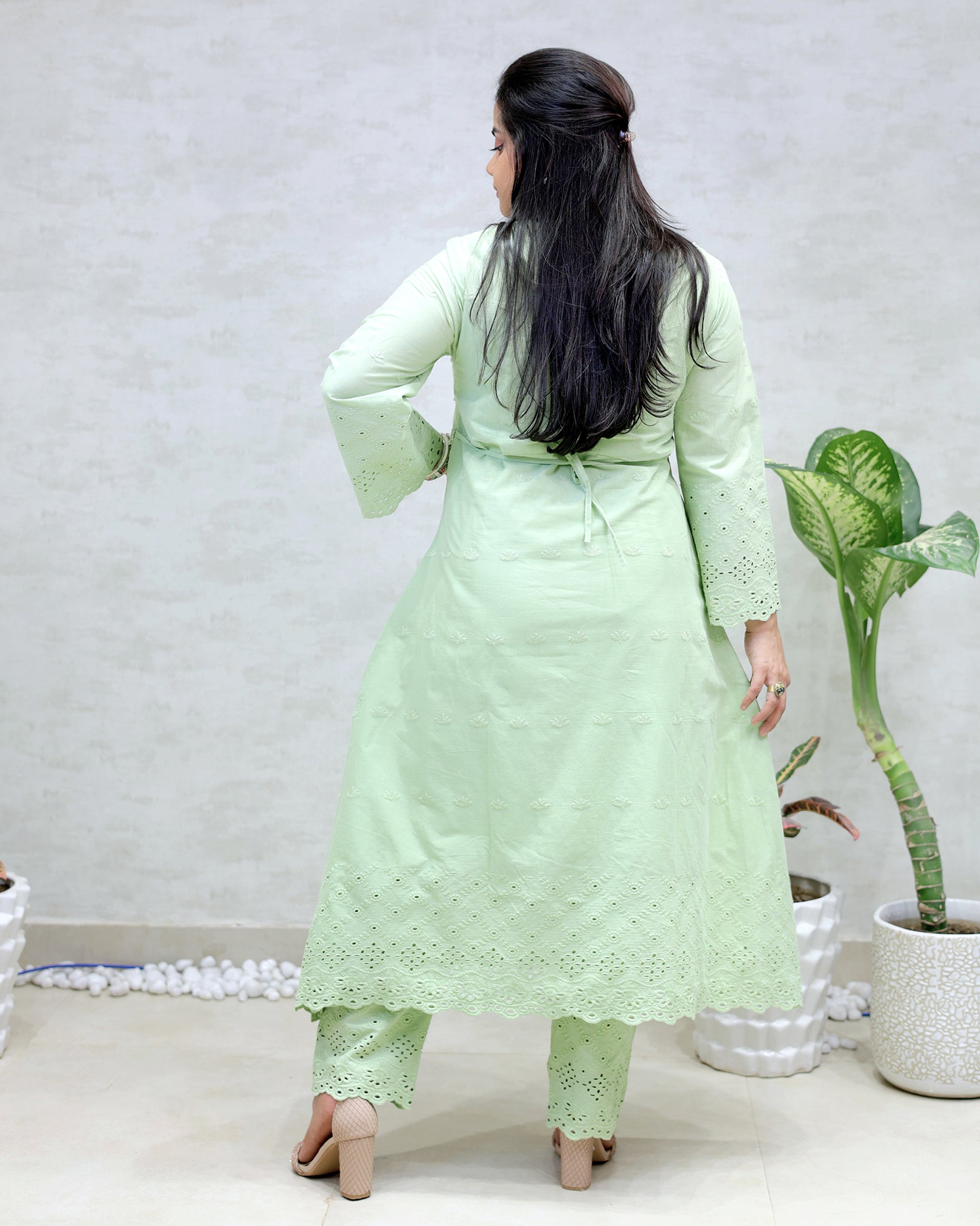 A-line Long Kurta Net Yoke with Pants