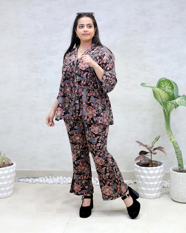 Rayon Floral Print Peplum Top with Bell Bottoms — view 2
