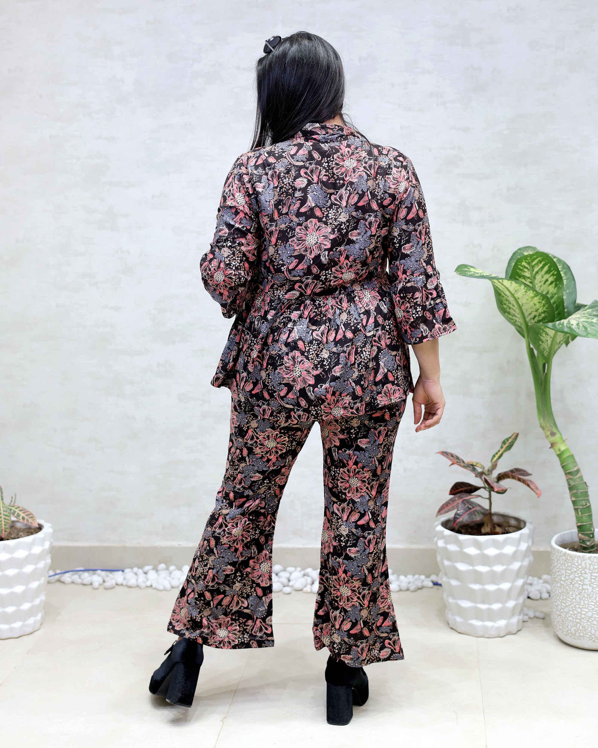 Rayon Floral Print Peplum Top with Bell Bottoms