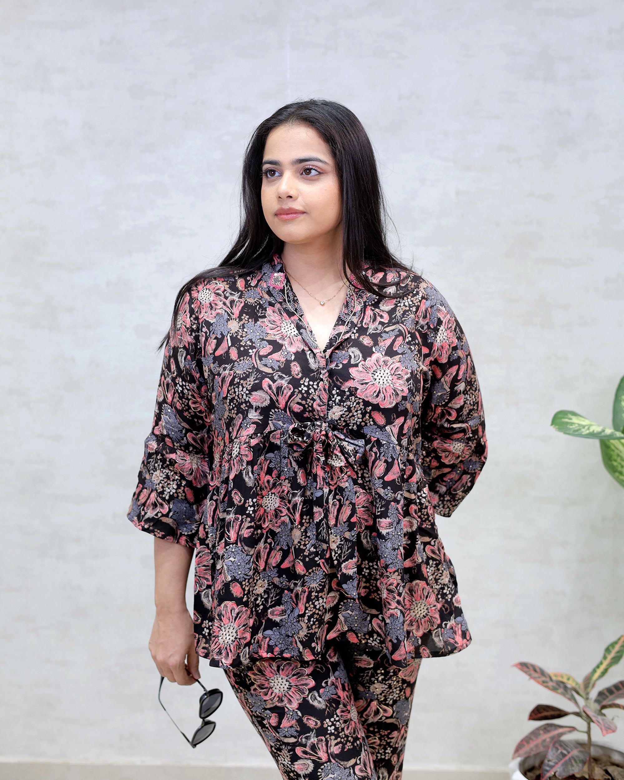Rayon Floral Print Peplum Top with Bell Bottoms