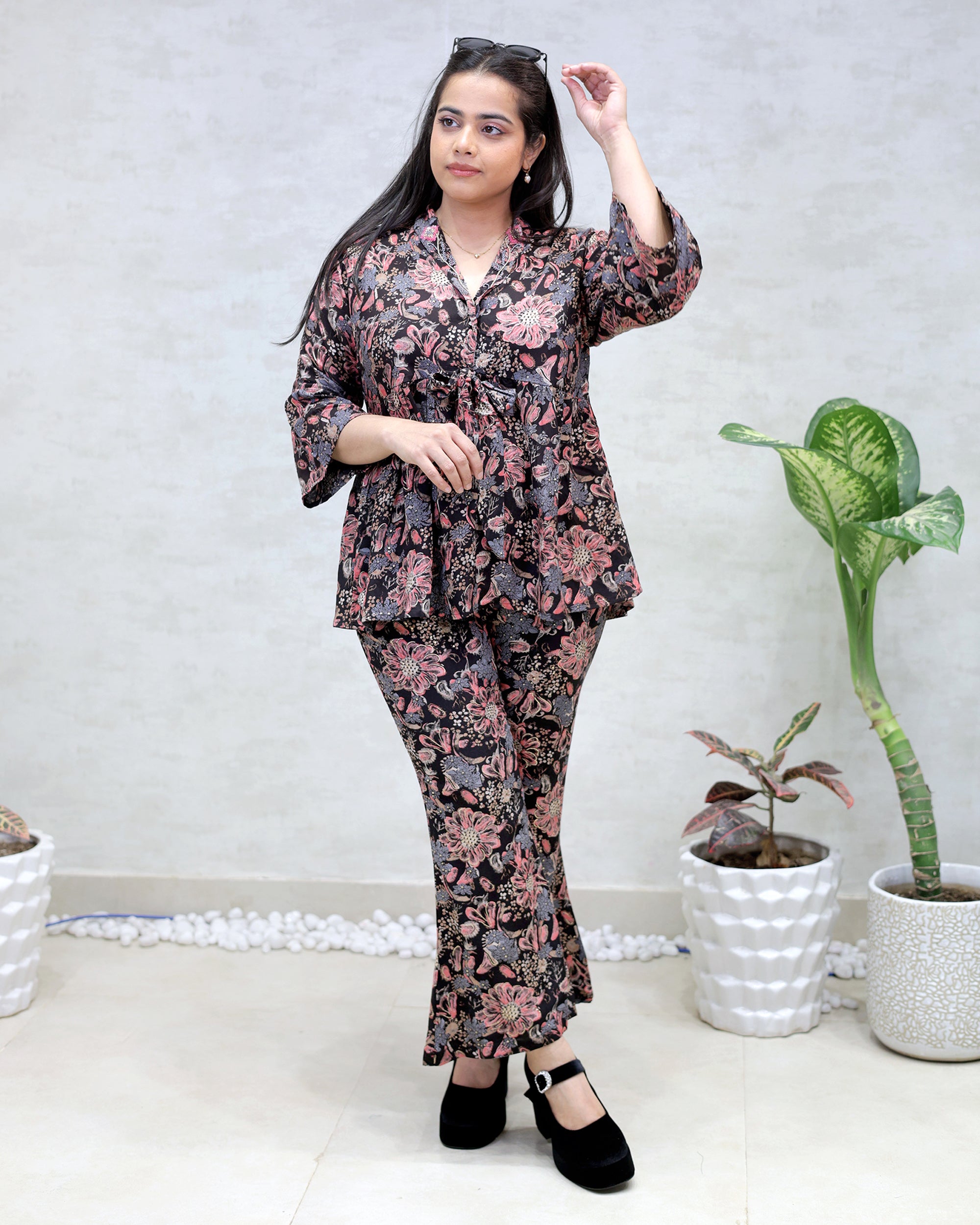Rayon Floral Print Peplum Top with Bell Bottoms