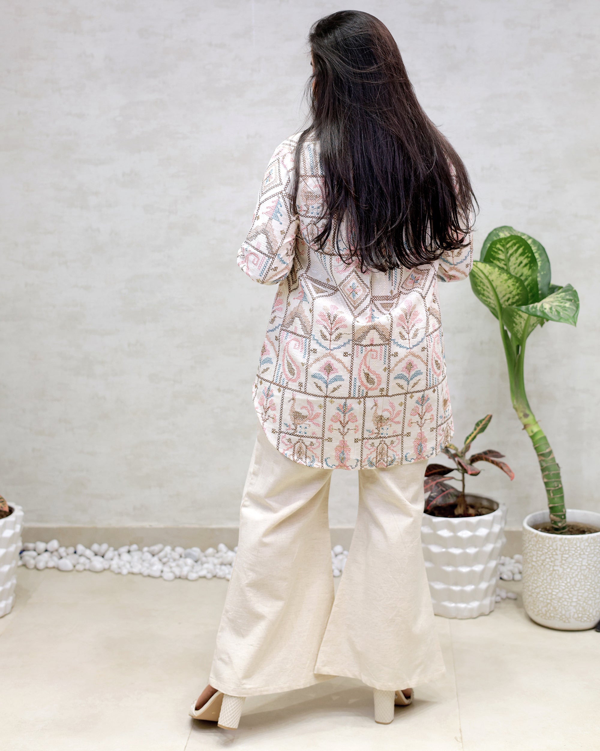 Cross Stitch Embroidered Shirt with Flared Pants