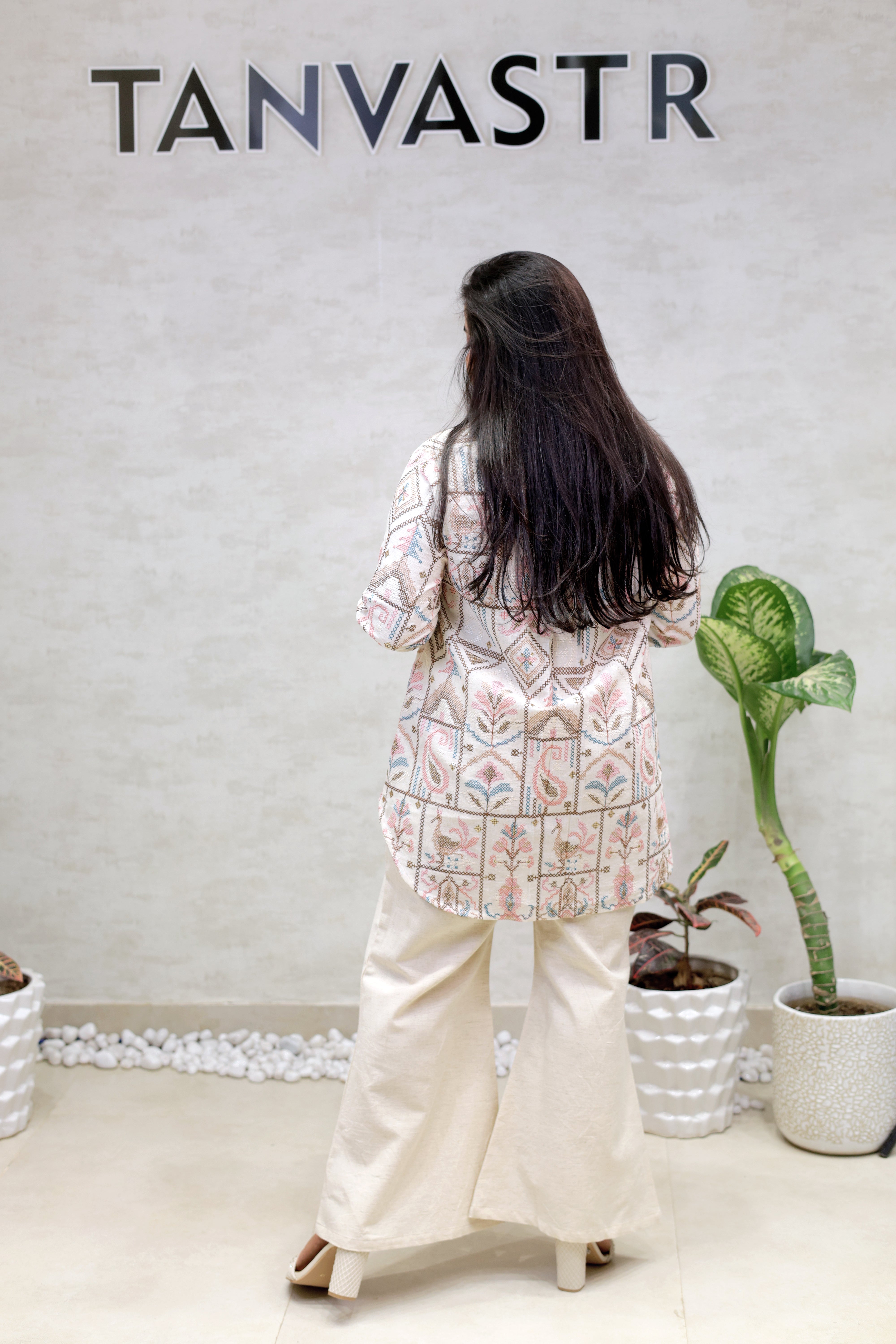 Cross Stitch Embroidered Shirt with Flared Pants