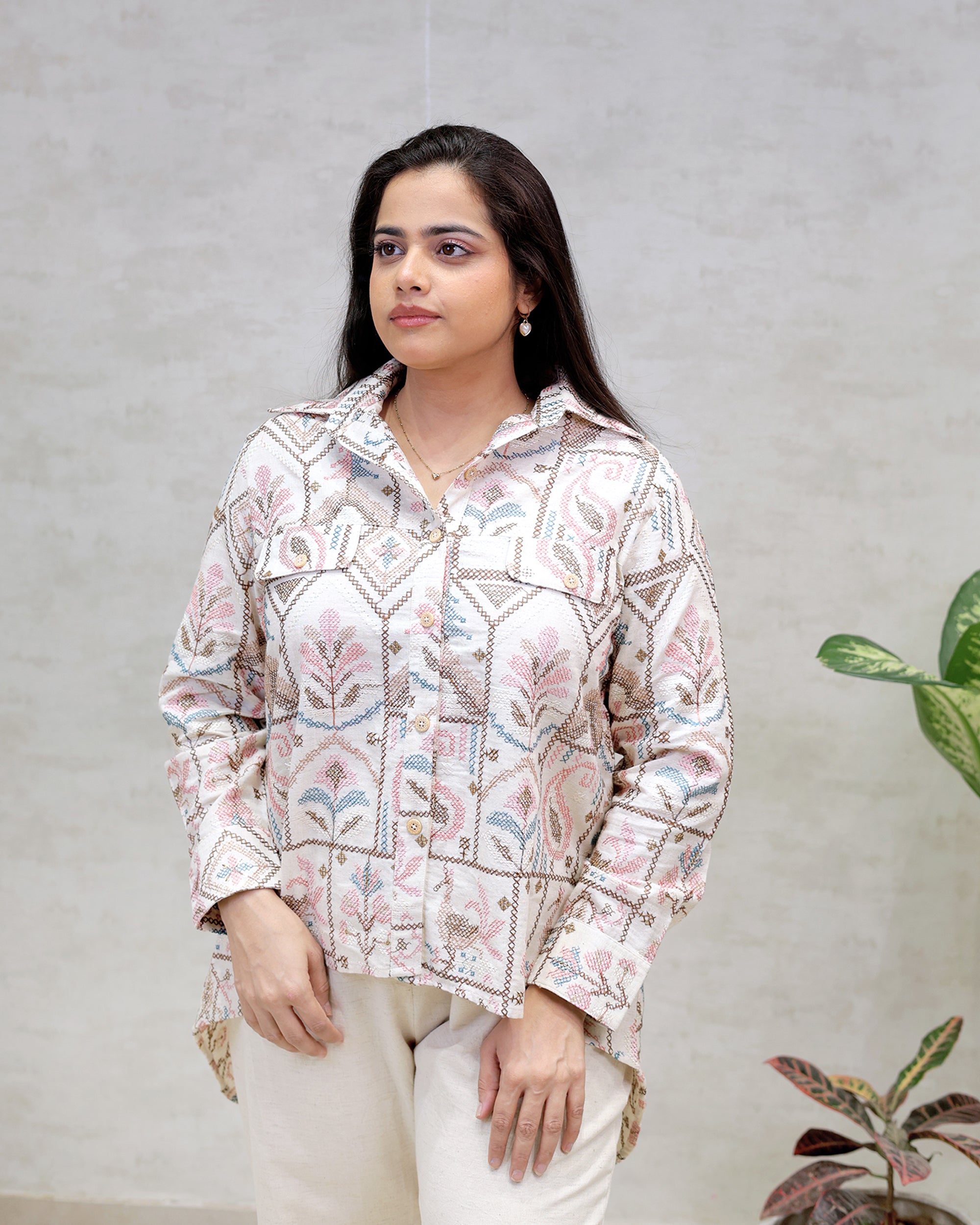 Cross Stitch Embroidered Shirt with Flared Pants