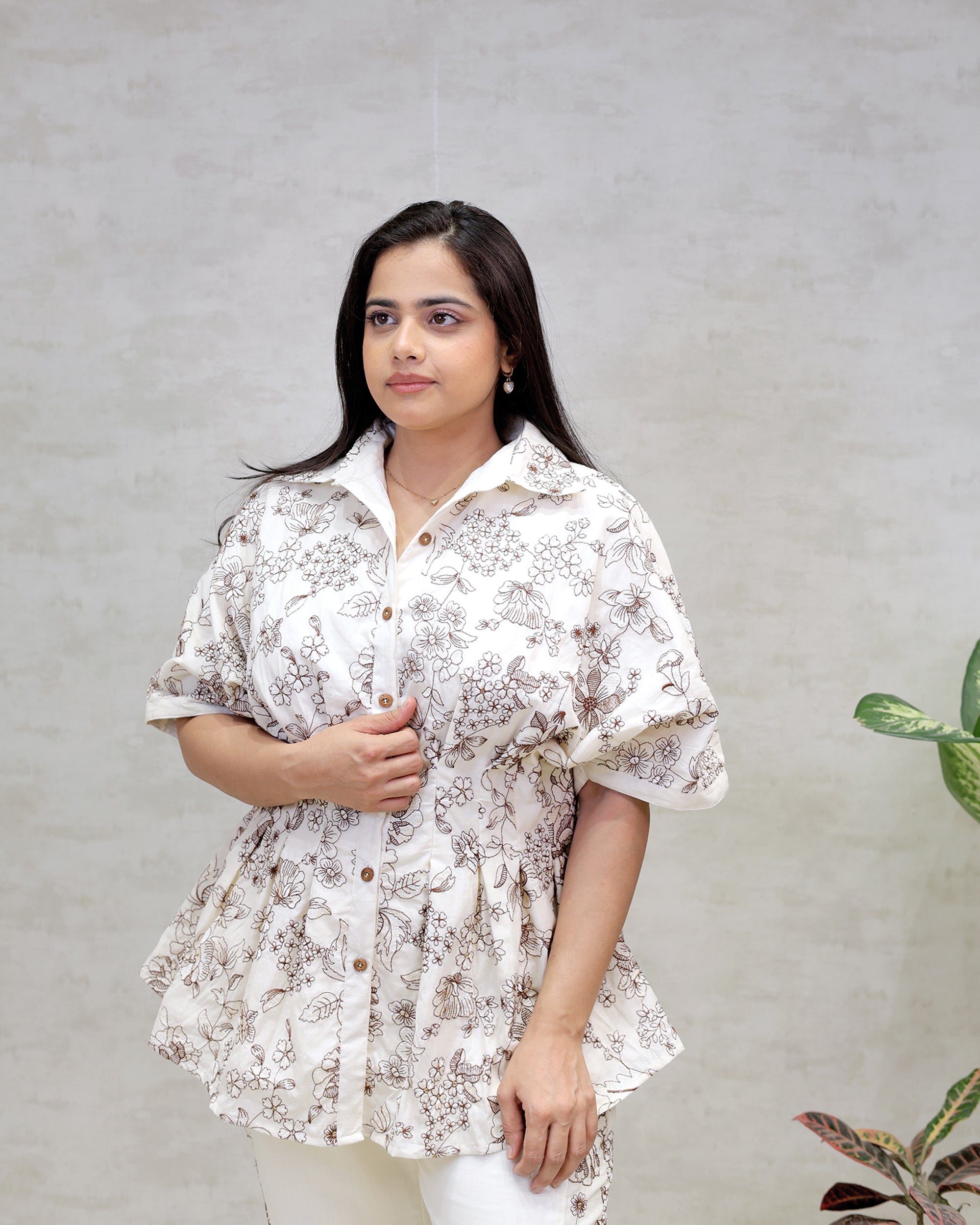 Mul Chanderi Pleated Collar Top with Pants