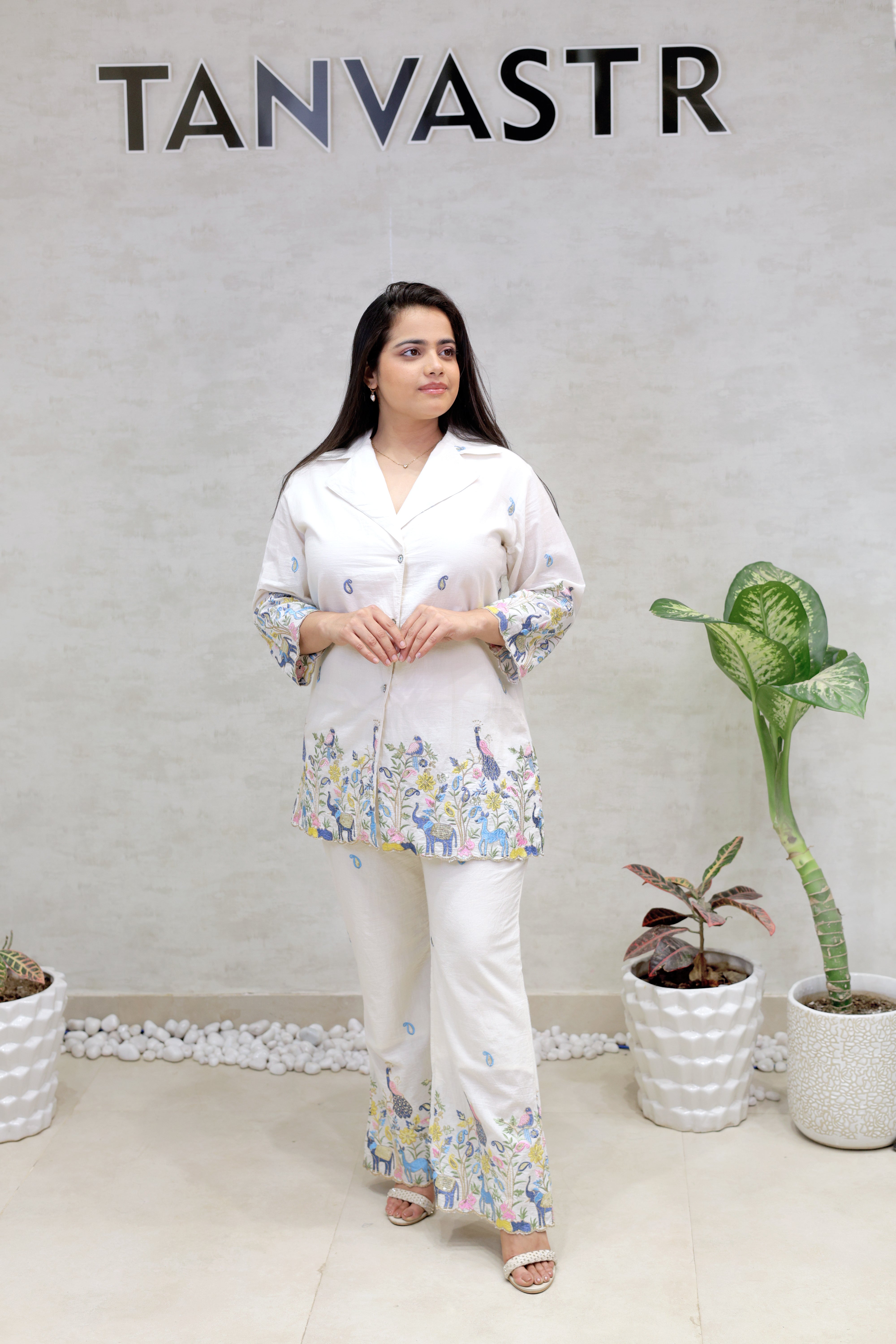 Embroidered Motif Collar Shirt with Pants