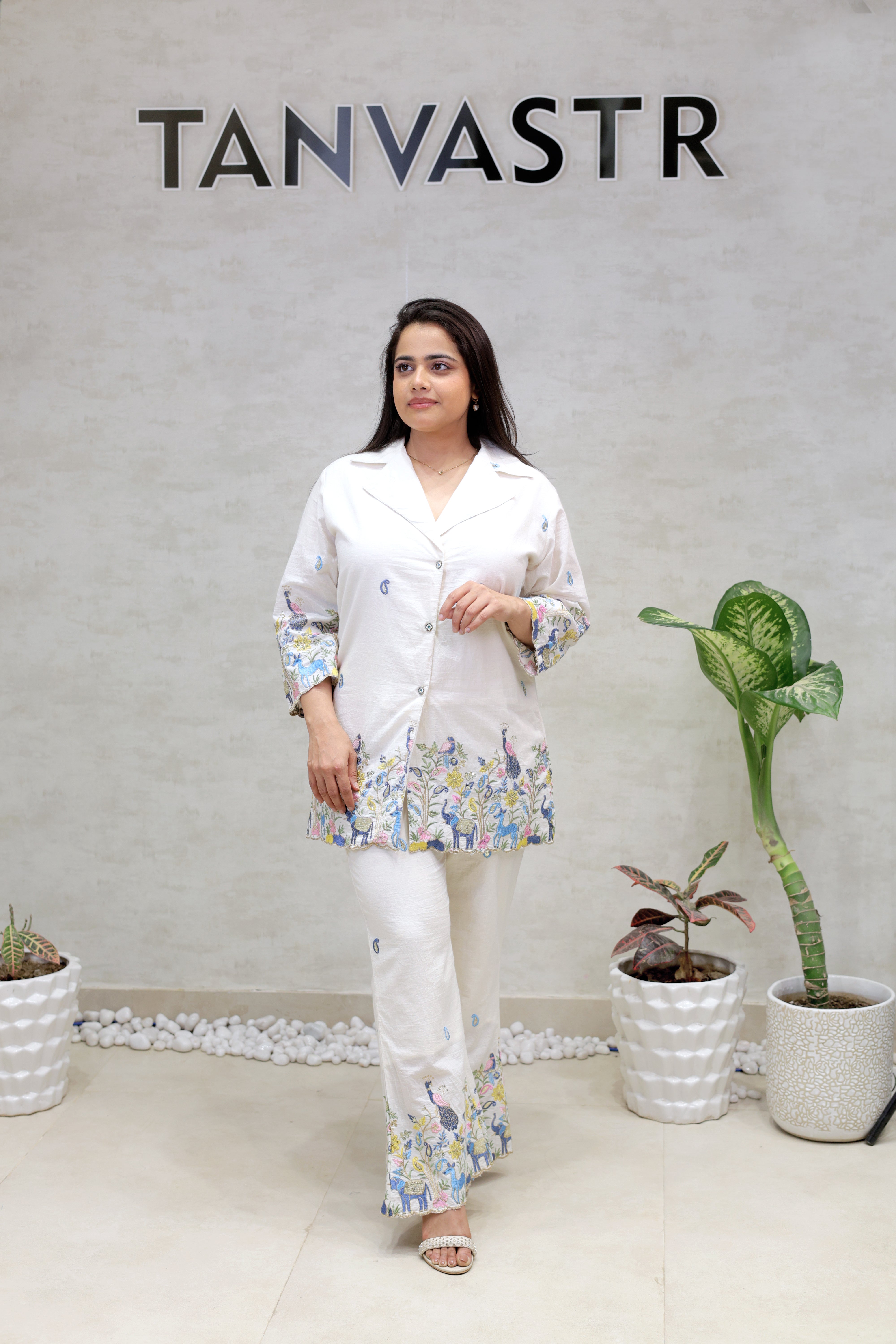 Embroidered Motif Collar Shirt with Pants