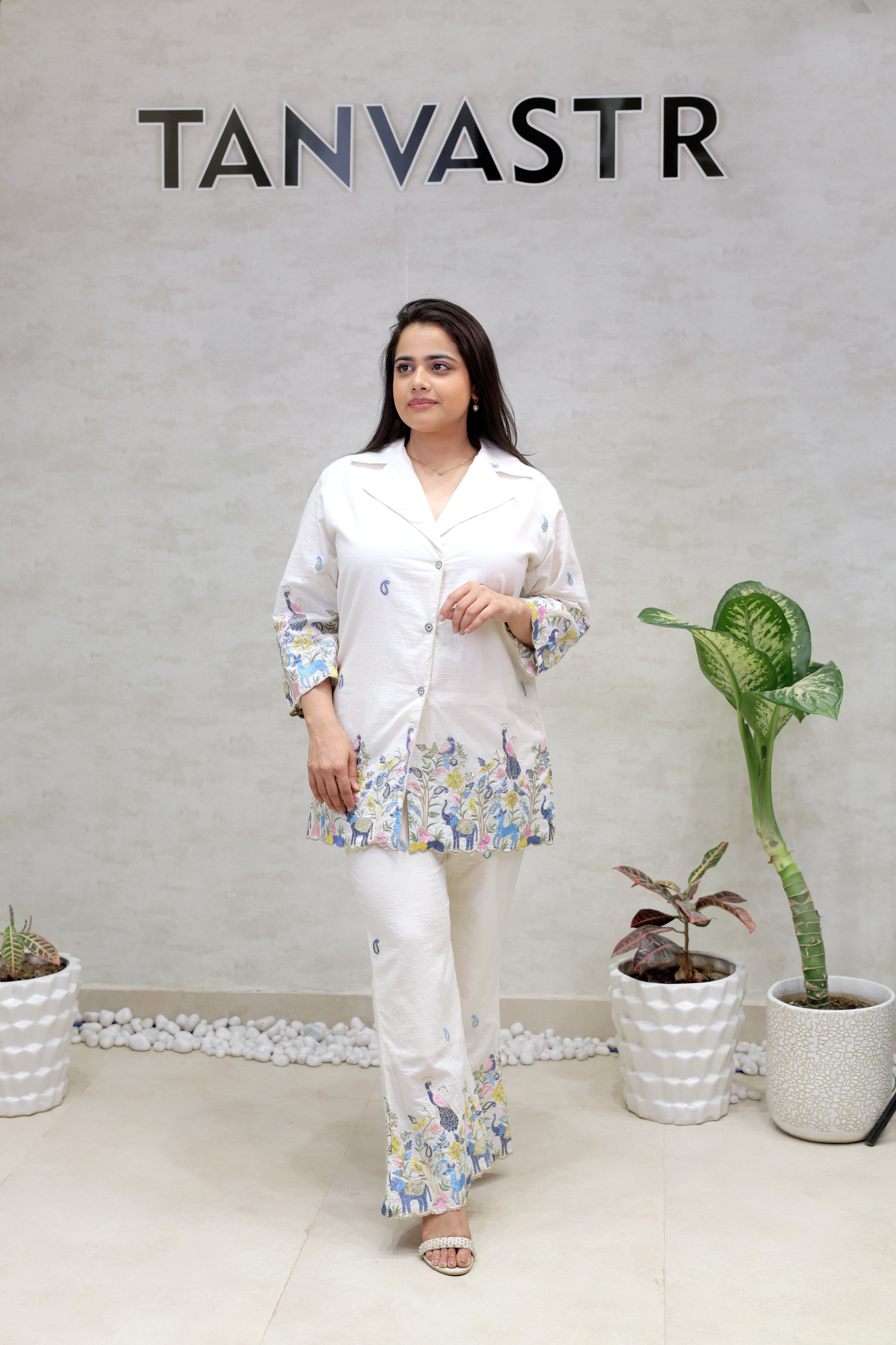 Embroidered Motif Collar Shirt with Pants