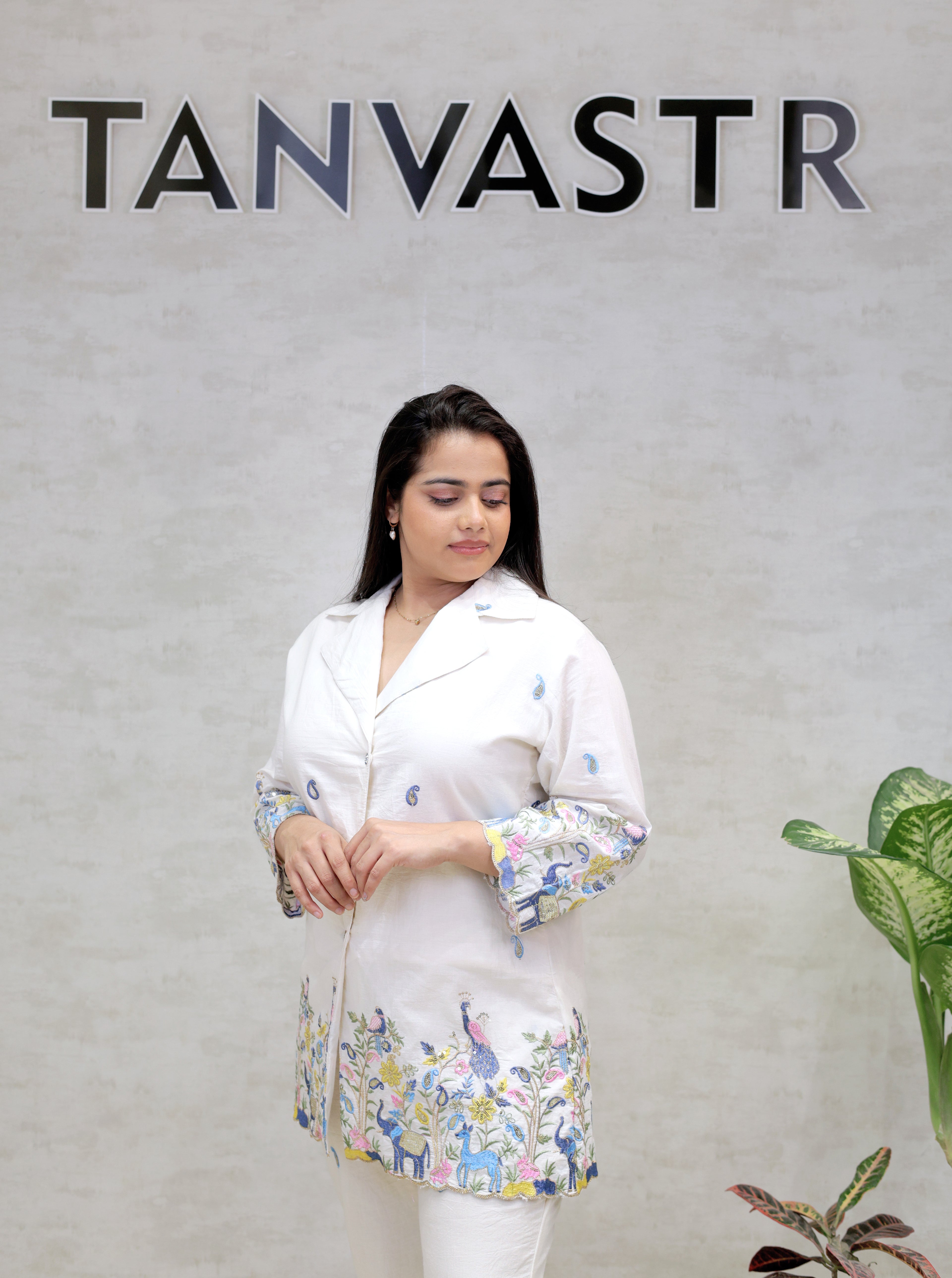 Embroidered Motif Collar Shirt with Pants