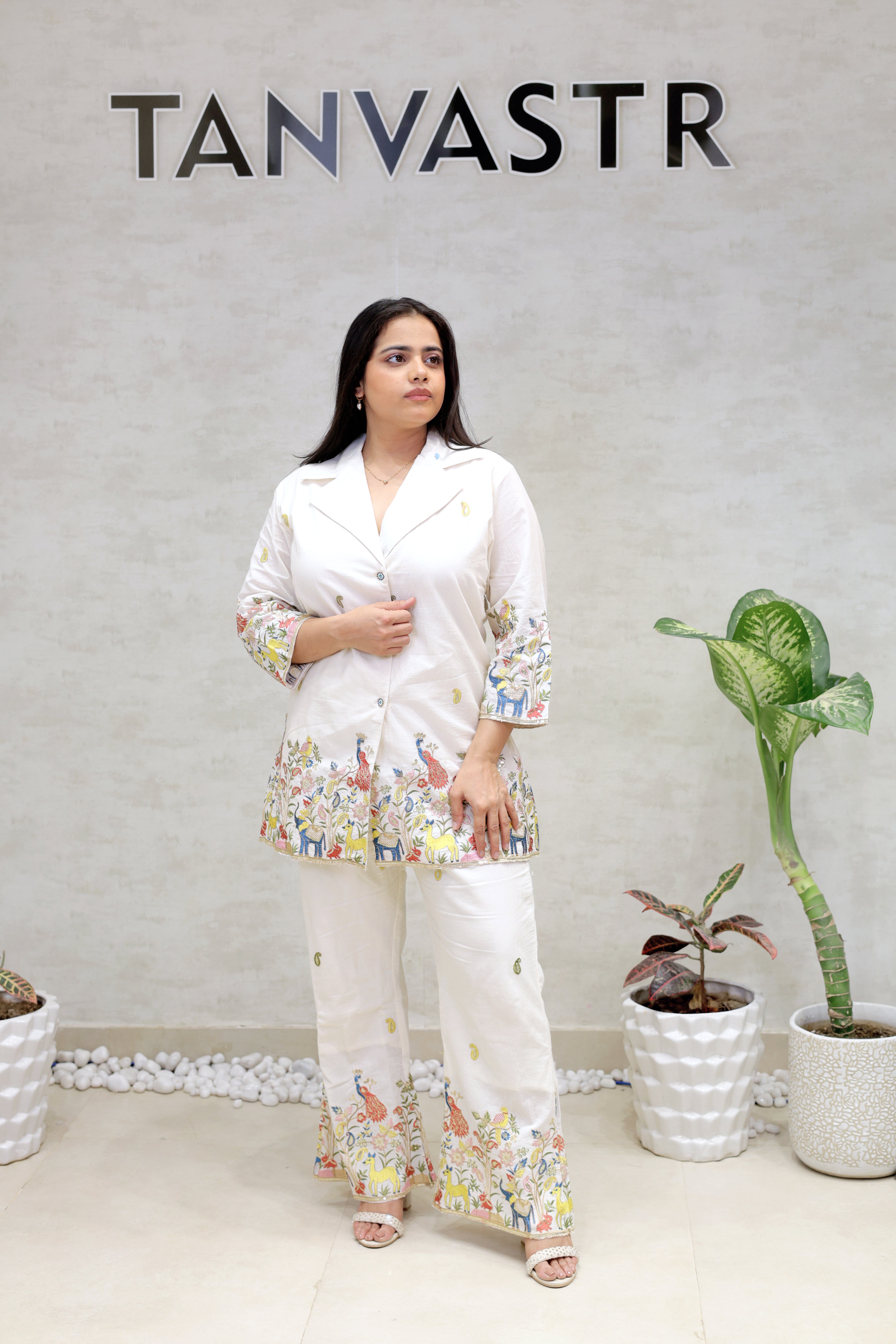 Embroidered Motif Collar Shirt with Pants