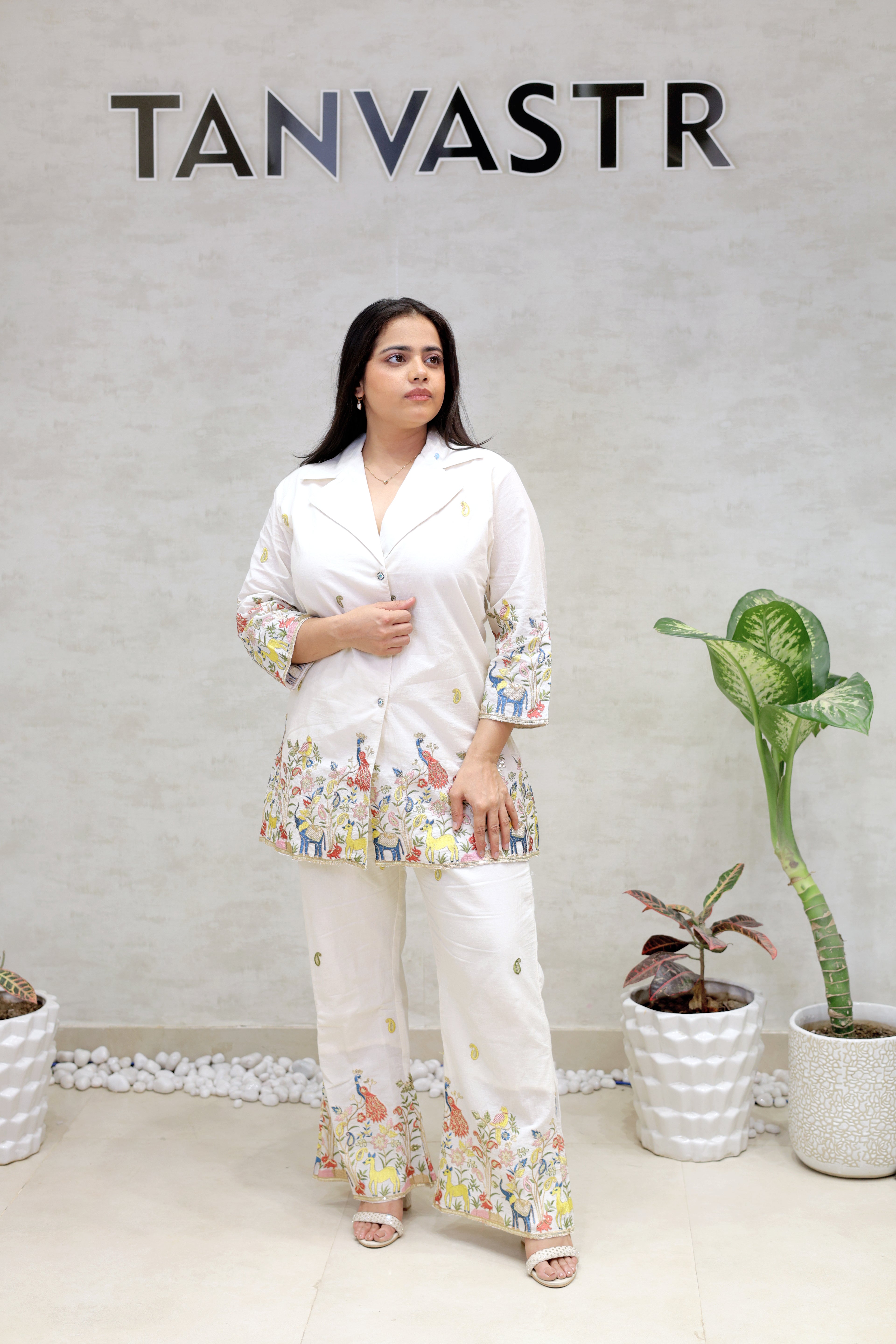 Embroidered Motif Collar Shirt with Pants