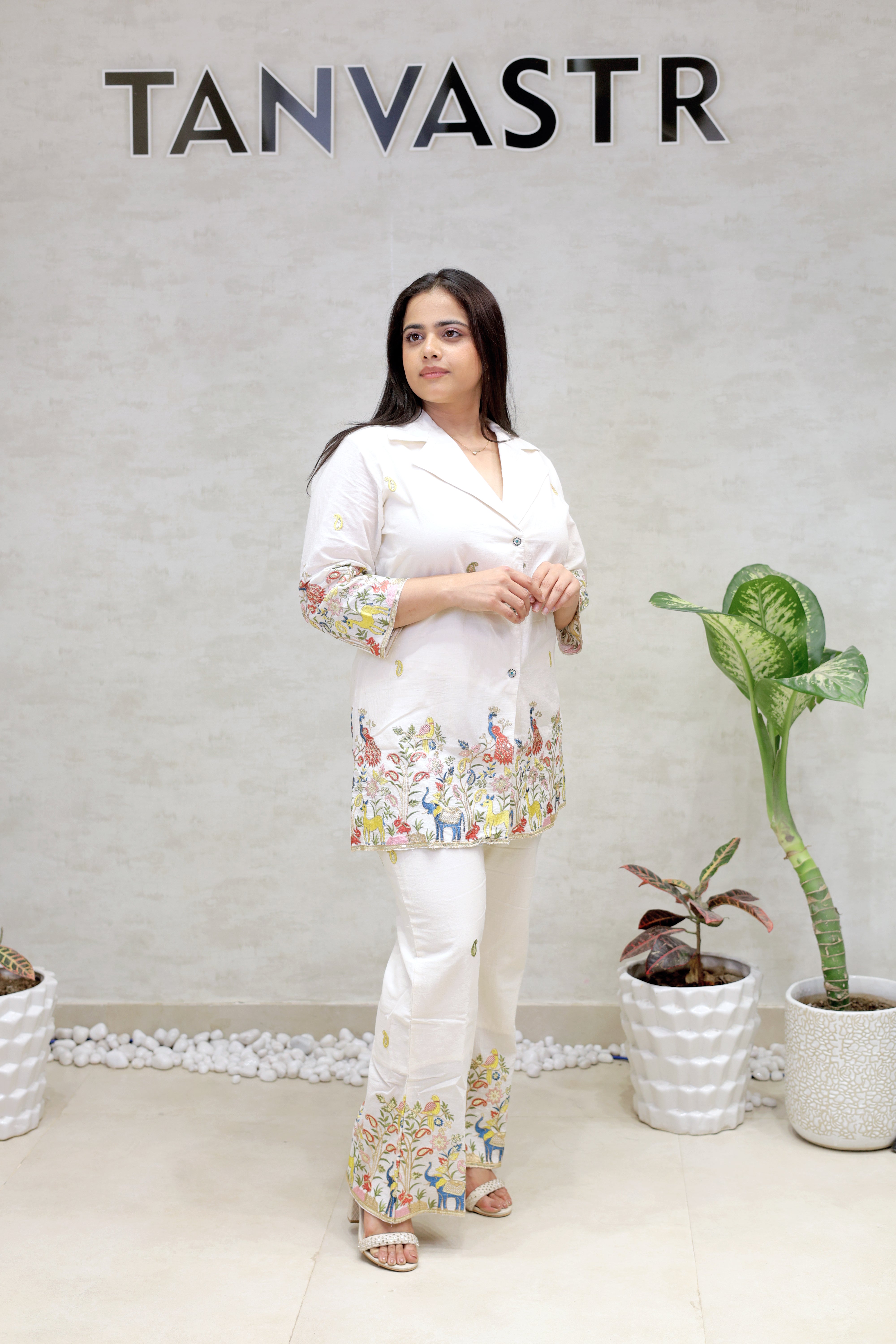 Embroidered Motif Collar Shirt with Pants