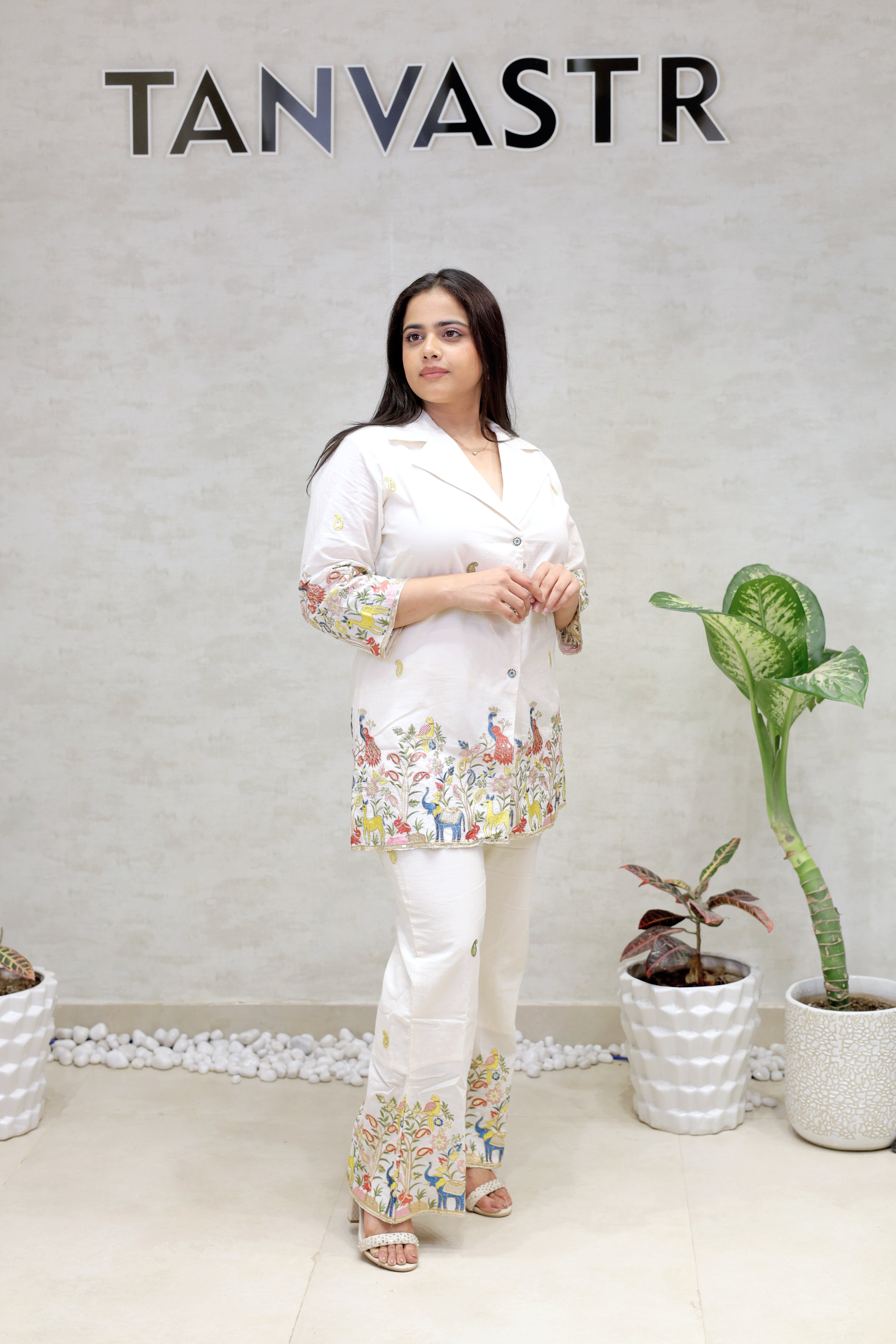 Embroidered Motif Collar Shirt with Pants