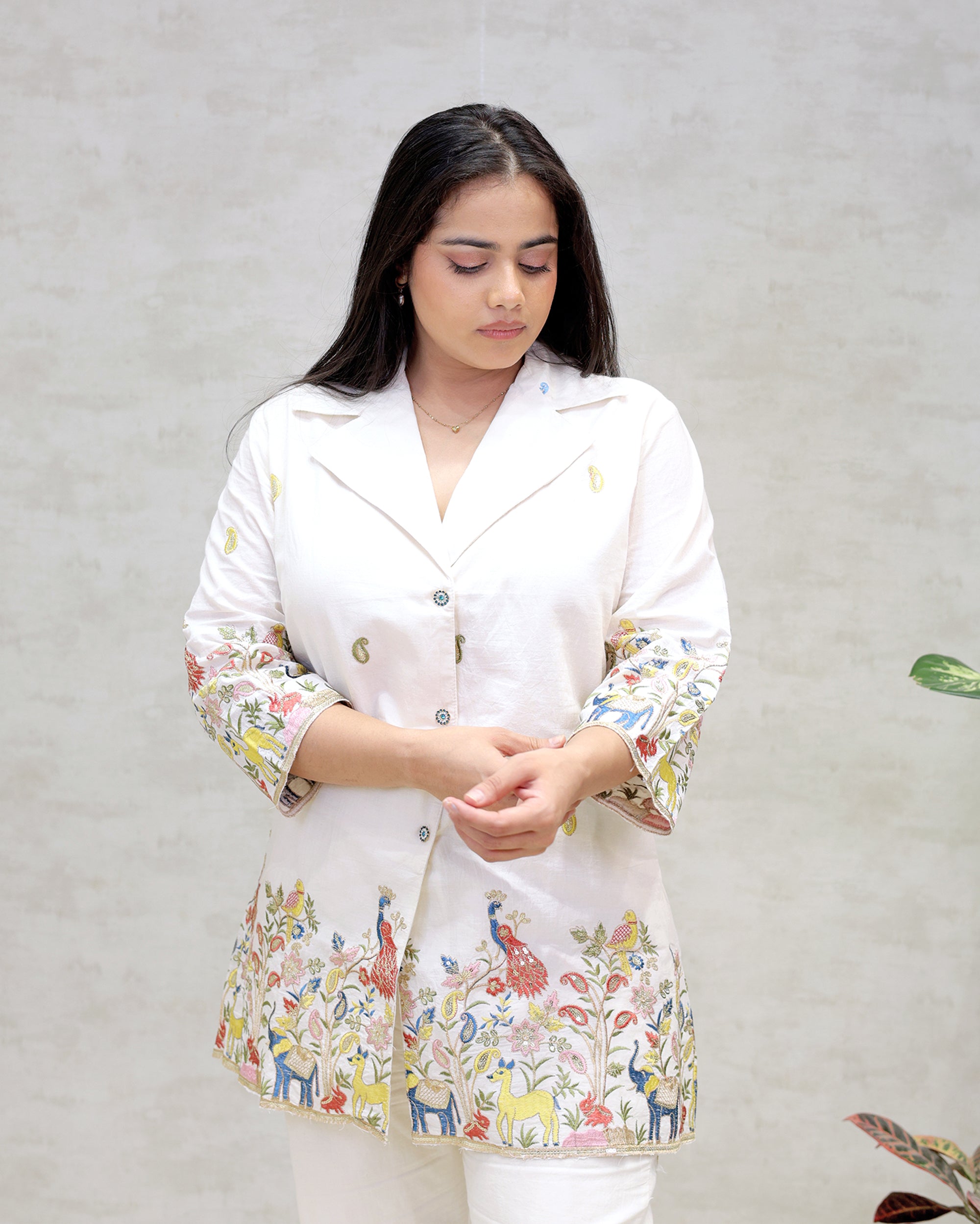 Embroidered Motif Collar Shirt with Pants