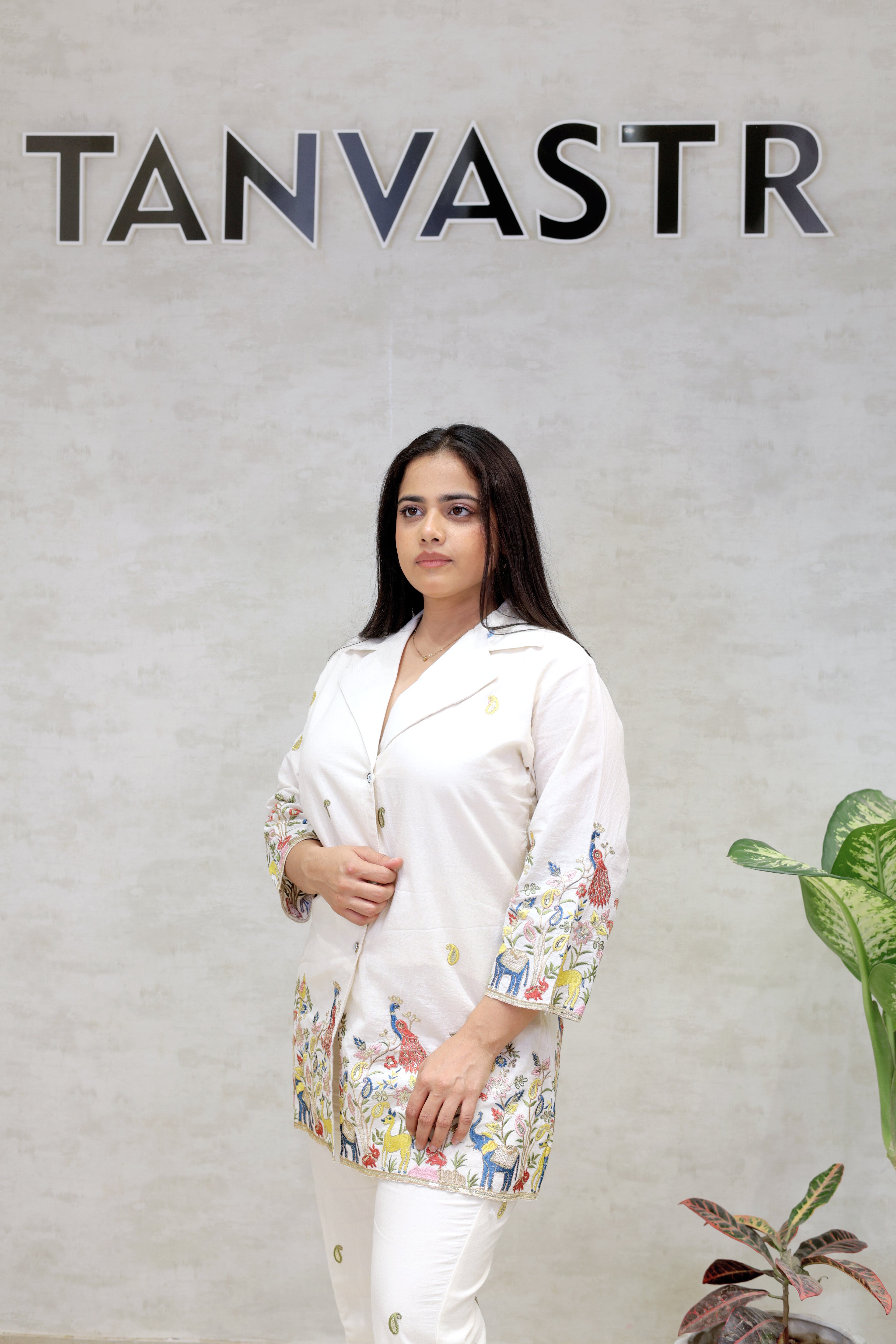 Embroidered Motif Collar Shirt with Pants
