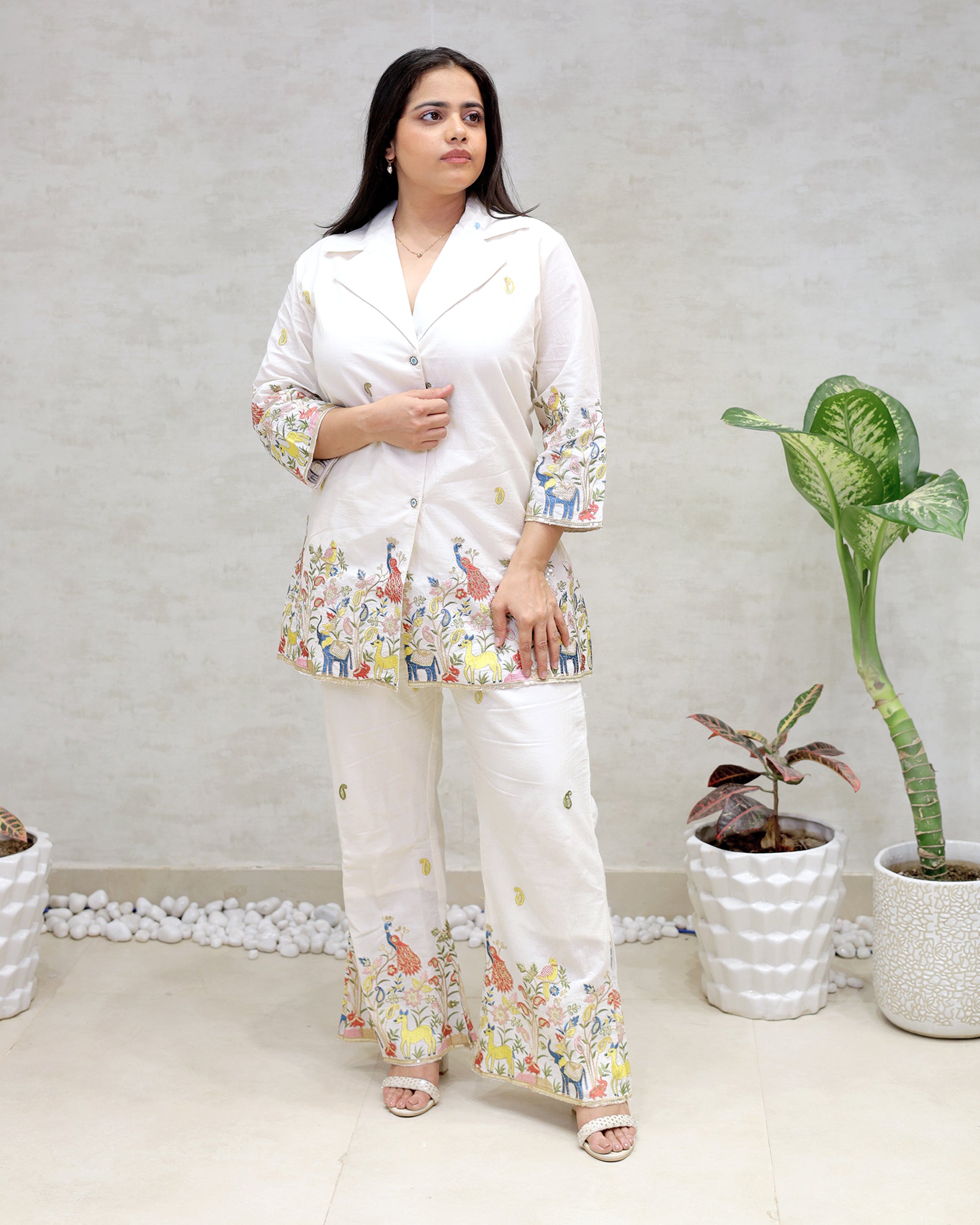 Embroidered Motif Collar Shirt with Pants