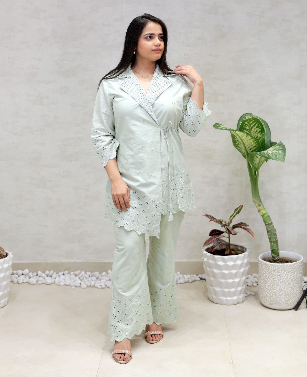 Angrakha Collar Schiffli Shirt with Pants