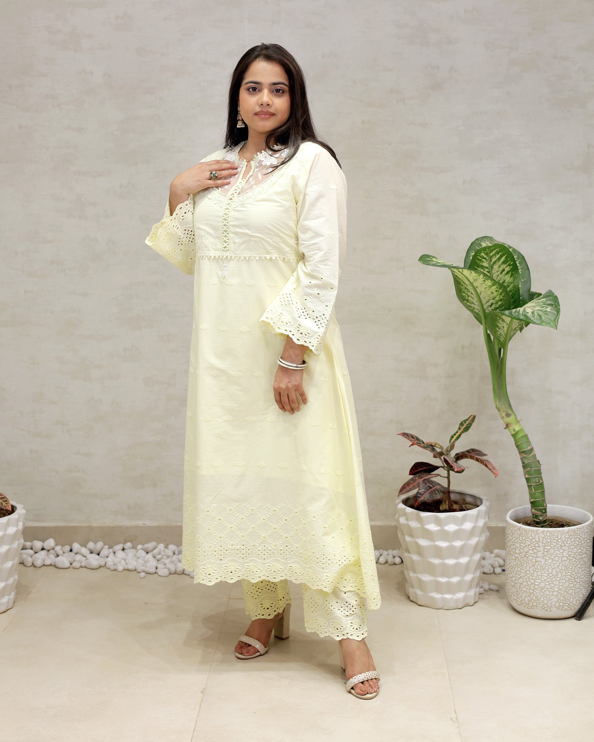 A-line Long Kurta Net Yoke with Pants
