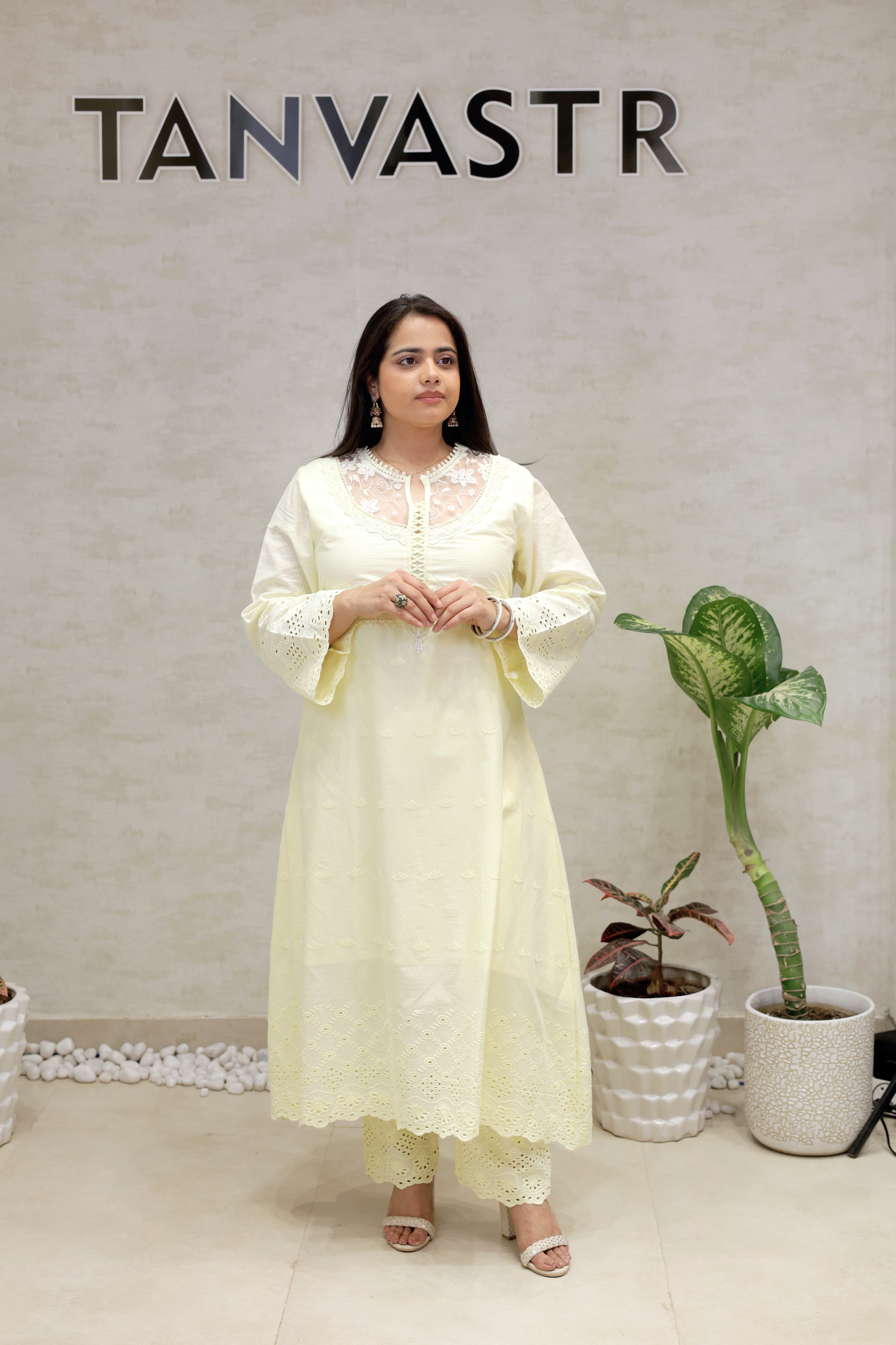 A-line Long Kurta Net Yoke with Pants