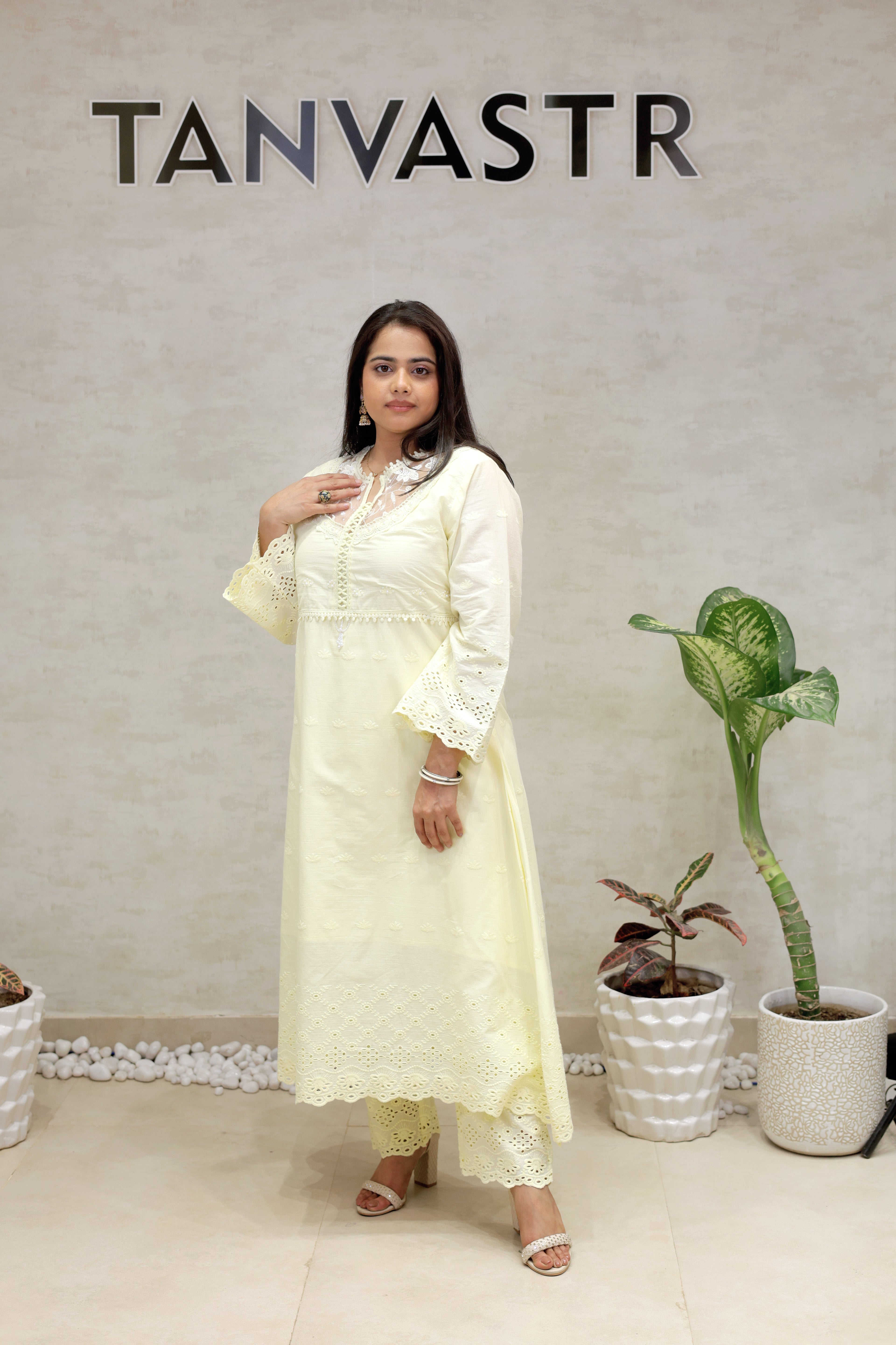 A-line Long Kurta Net Yoke with Pants