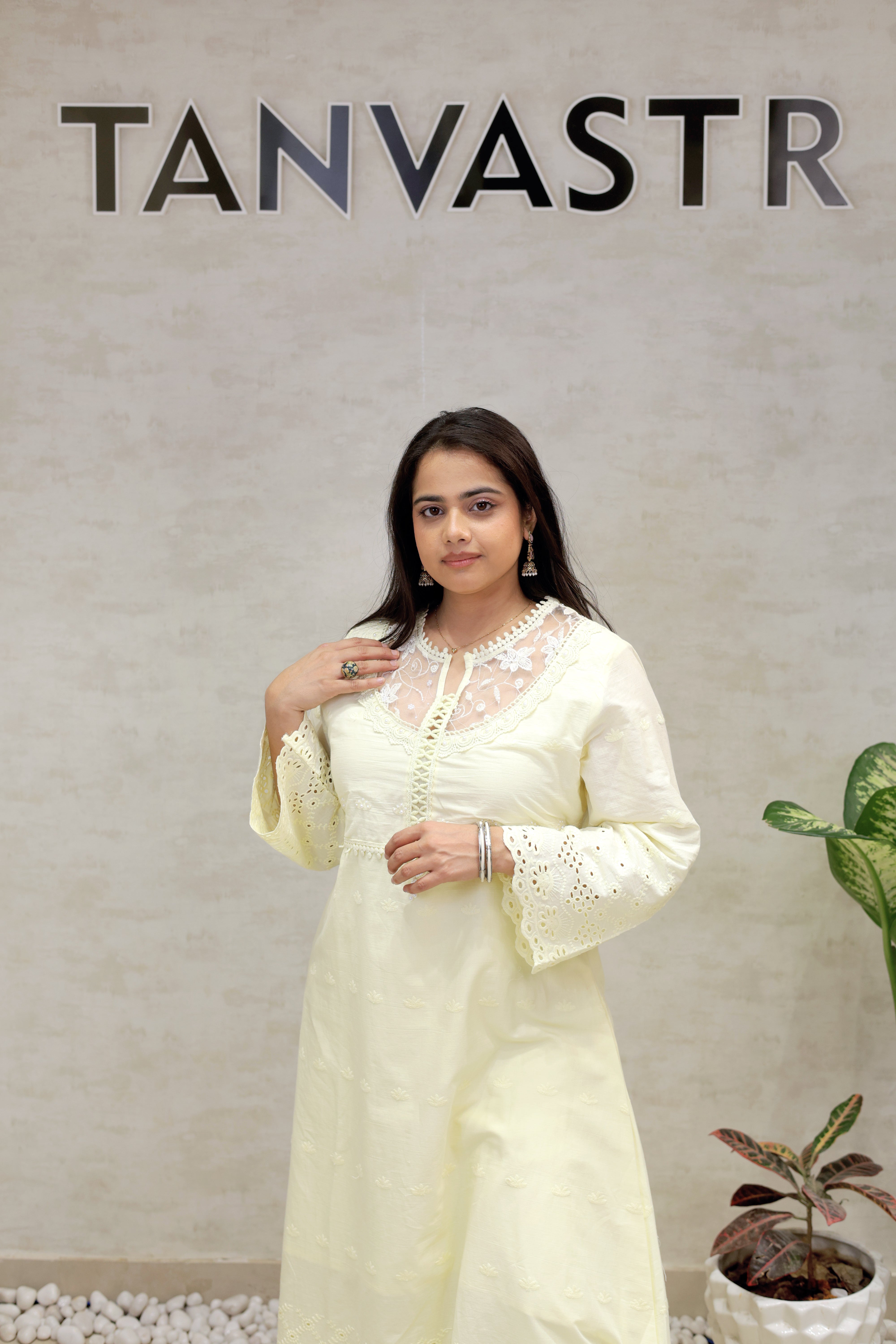 A-line Long Kurta Net Yoke with Pants