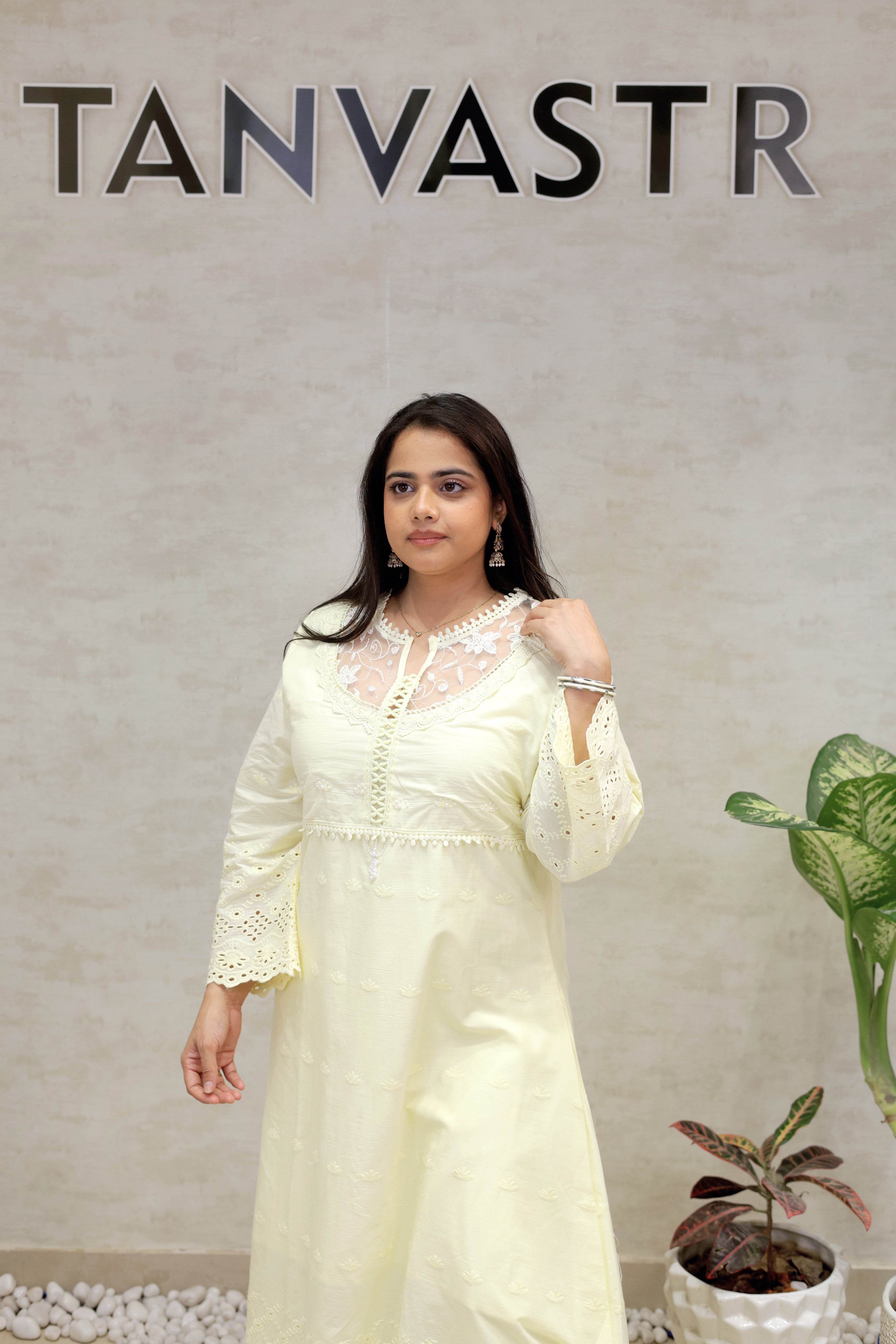 A-line Long Kurta Net Yoke with Pants