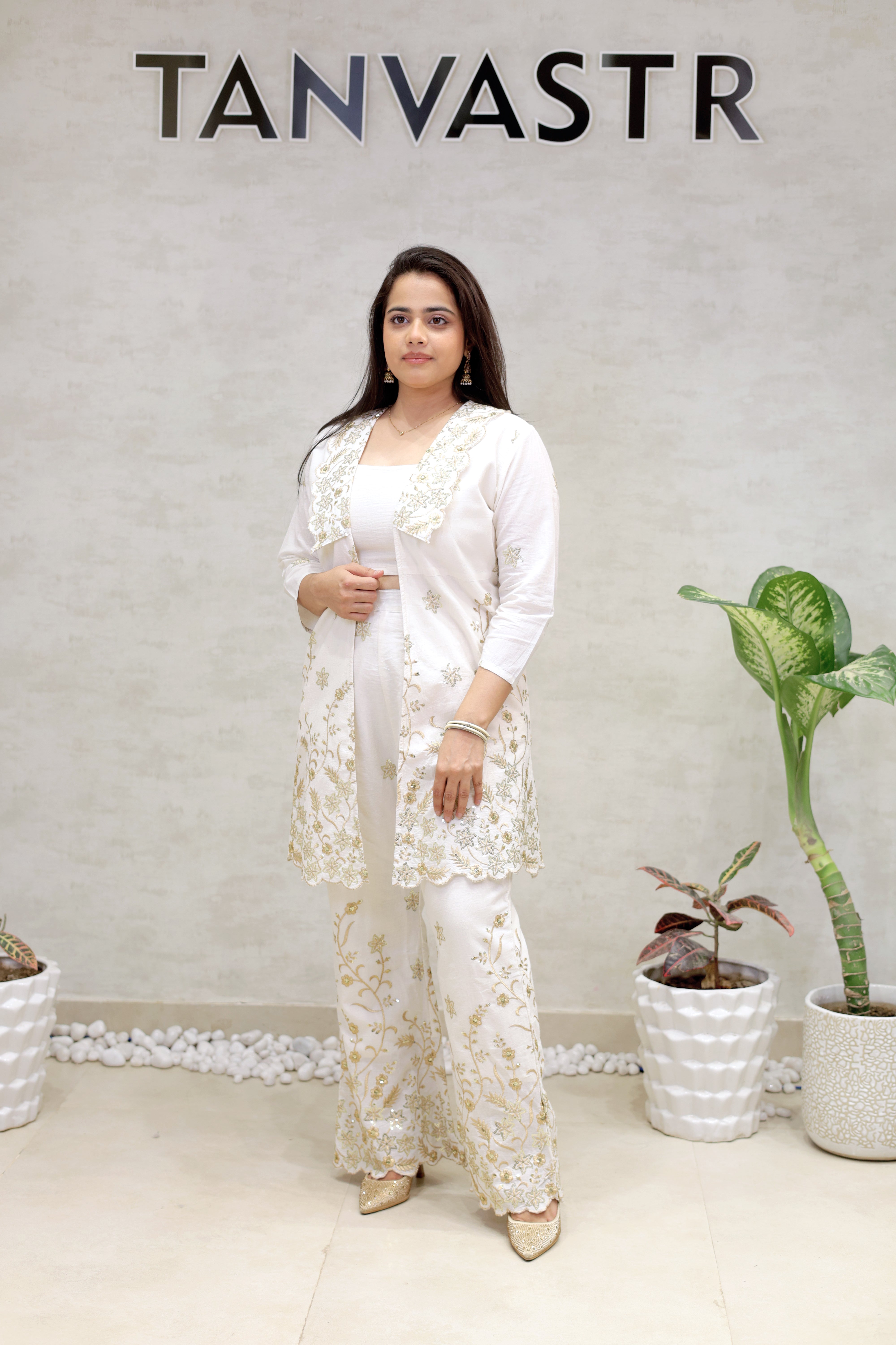 Embroidered Long Shrug Three Piece Set Main image