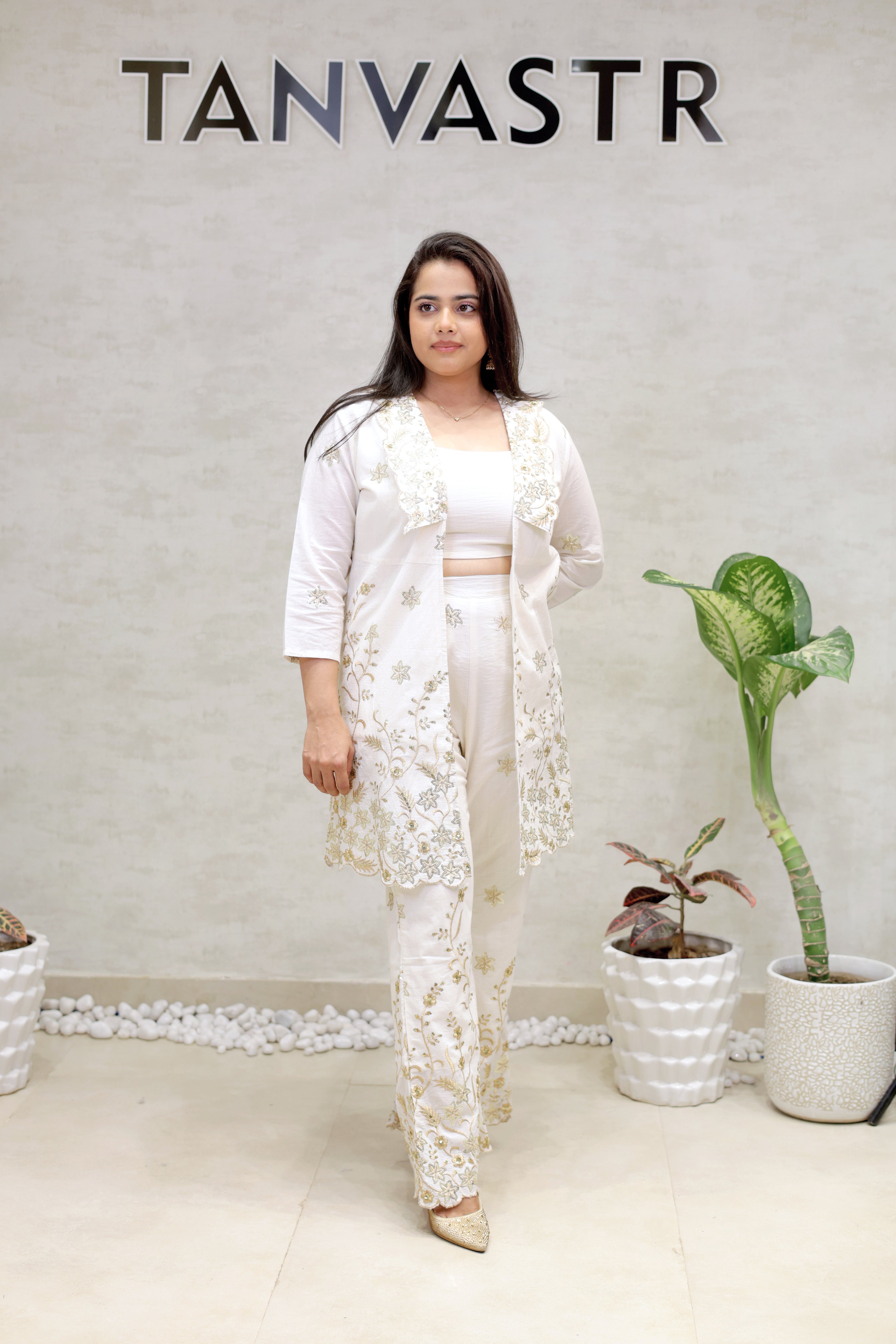 Embroidered Long Shrug Three Piece Set