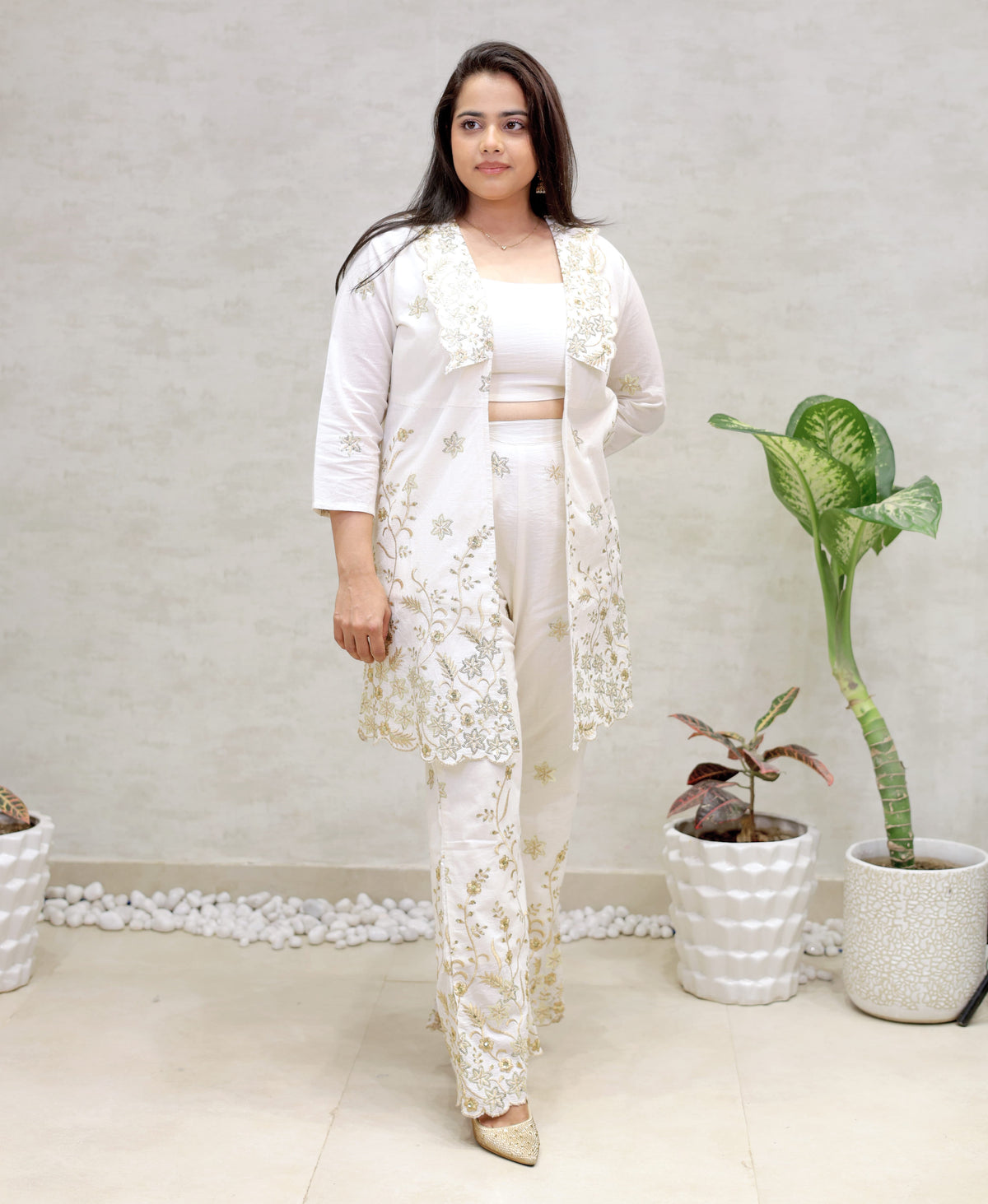 Embroidered Long Shrug Three Piece Set