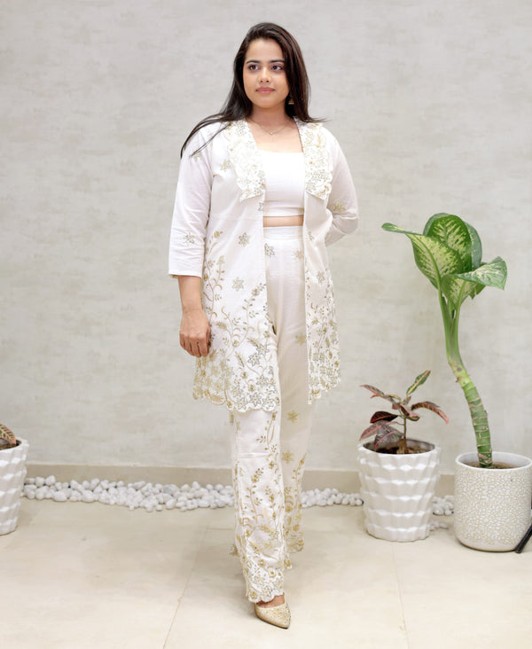 Embroidered Long Shrug Three Piece Set