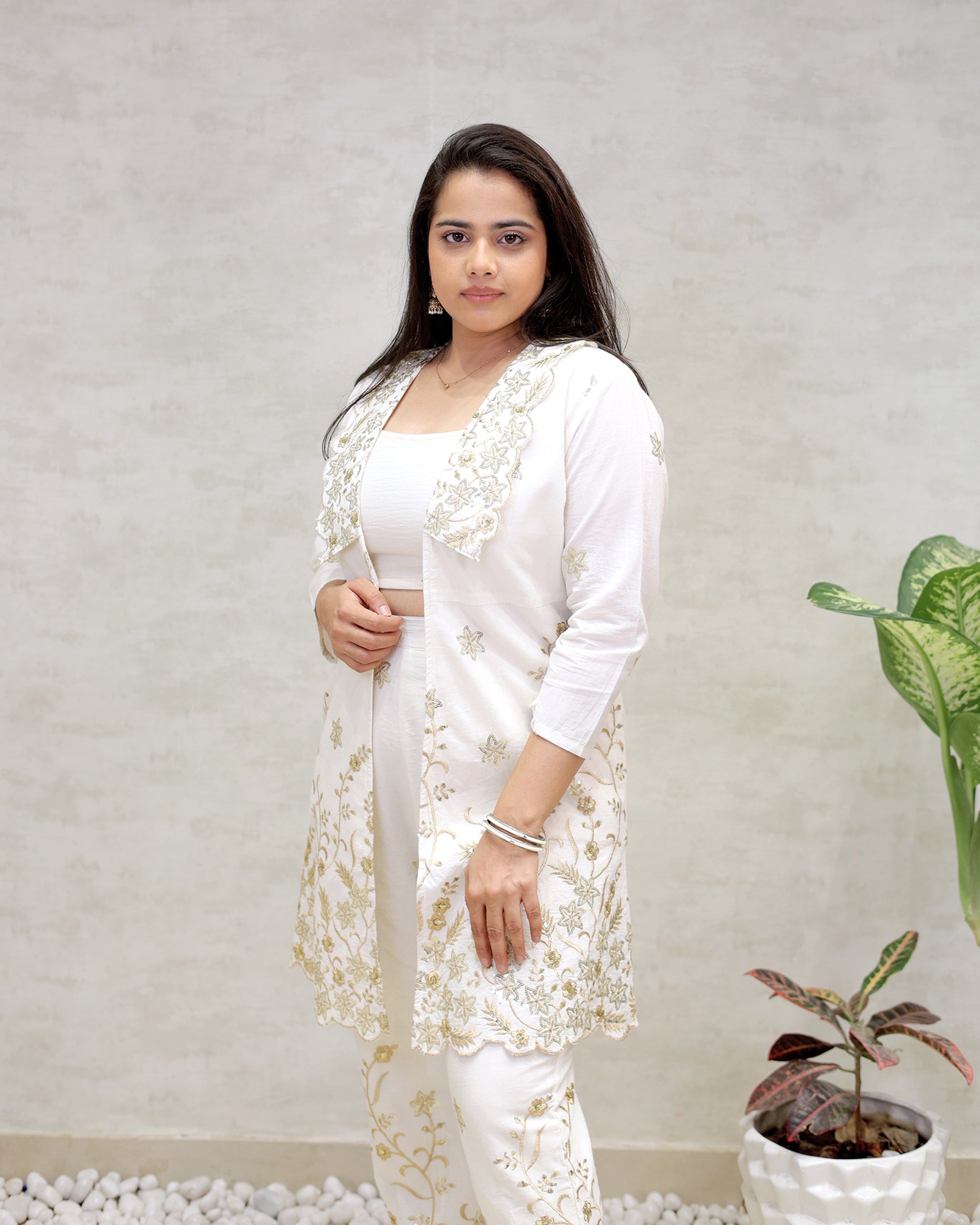 Embroidered Long Shrug Three Piece Set
