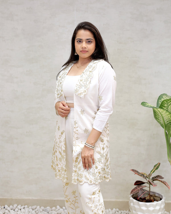 Embroidered Long Shrug Three Piece Set