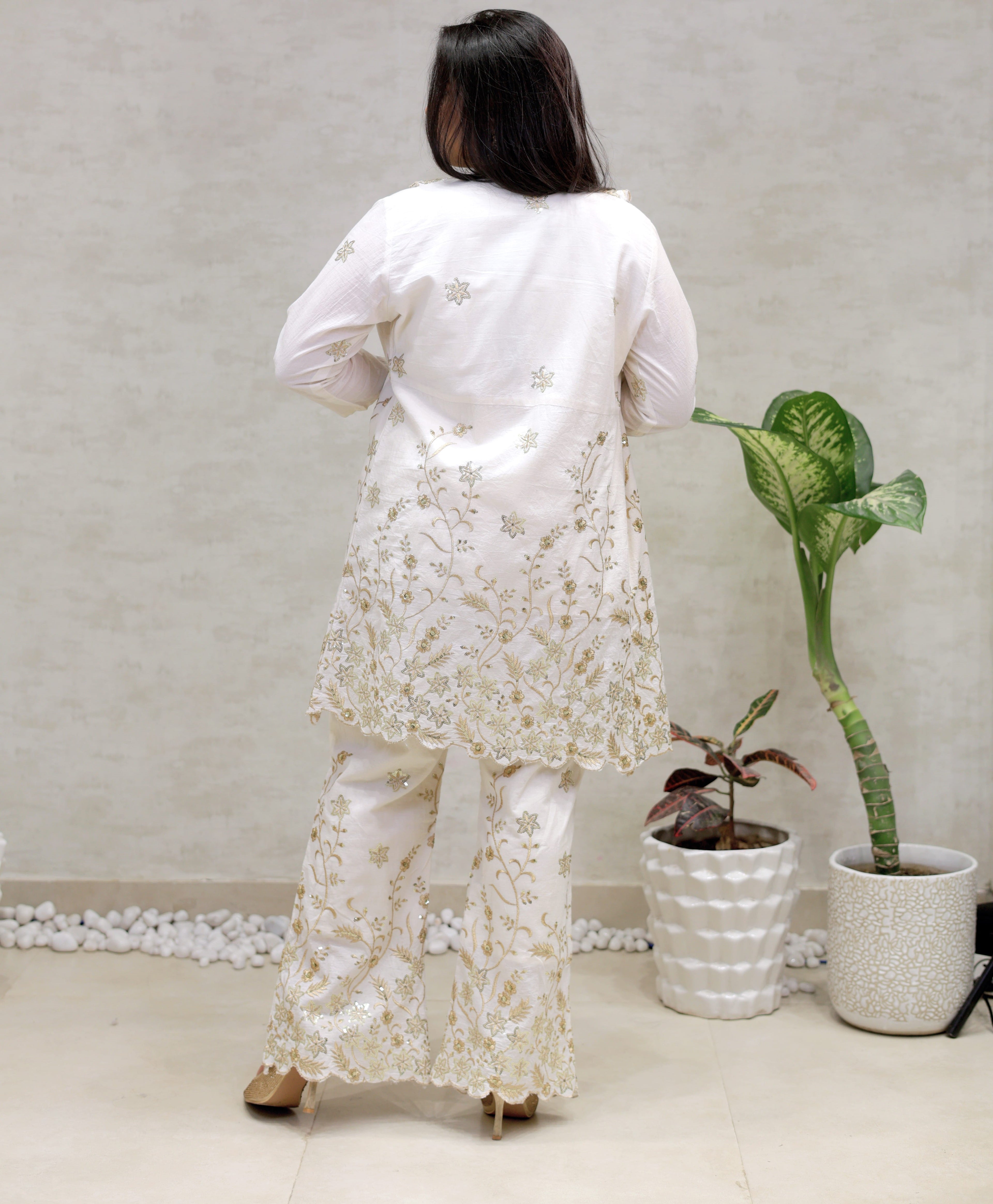 Embroidered Long Shrug Three Piece Set