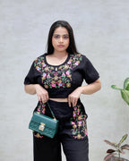 Floral Embroidered Crop Top with High Waisted Pants