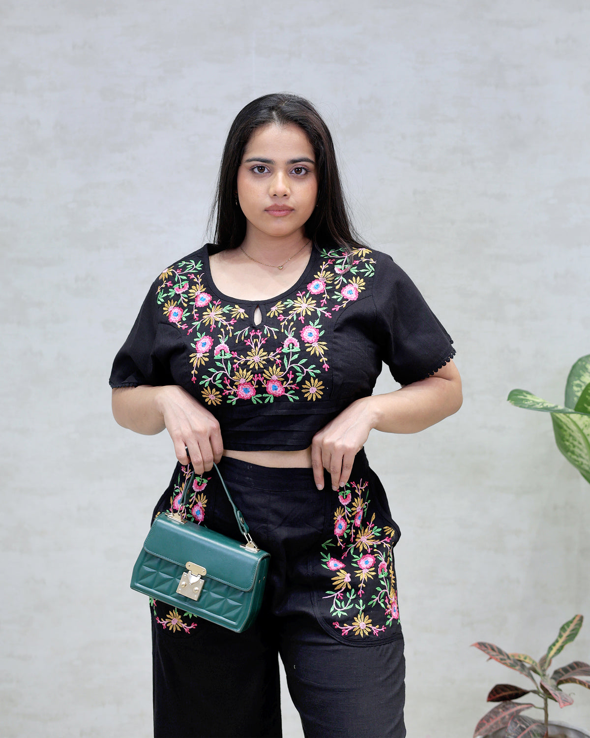 Floral Embroidered Crop Top with High Waisted Pants