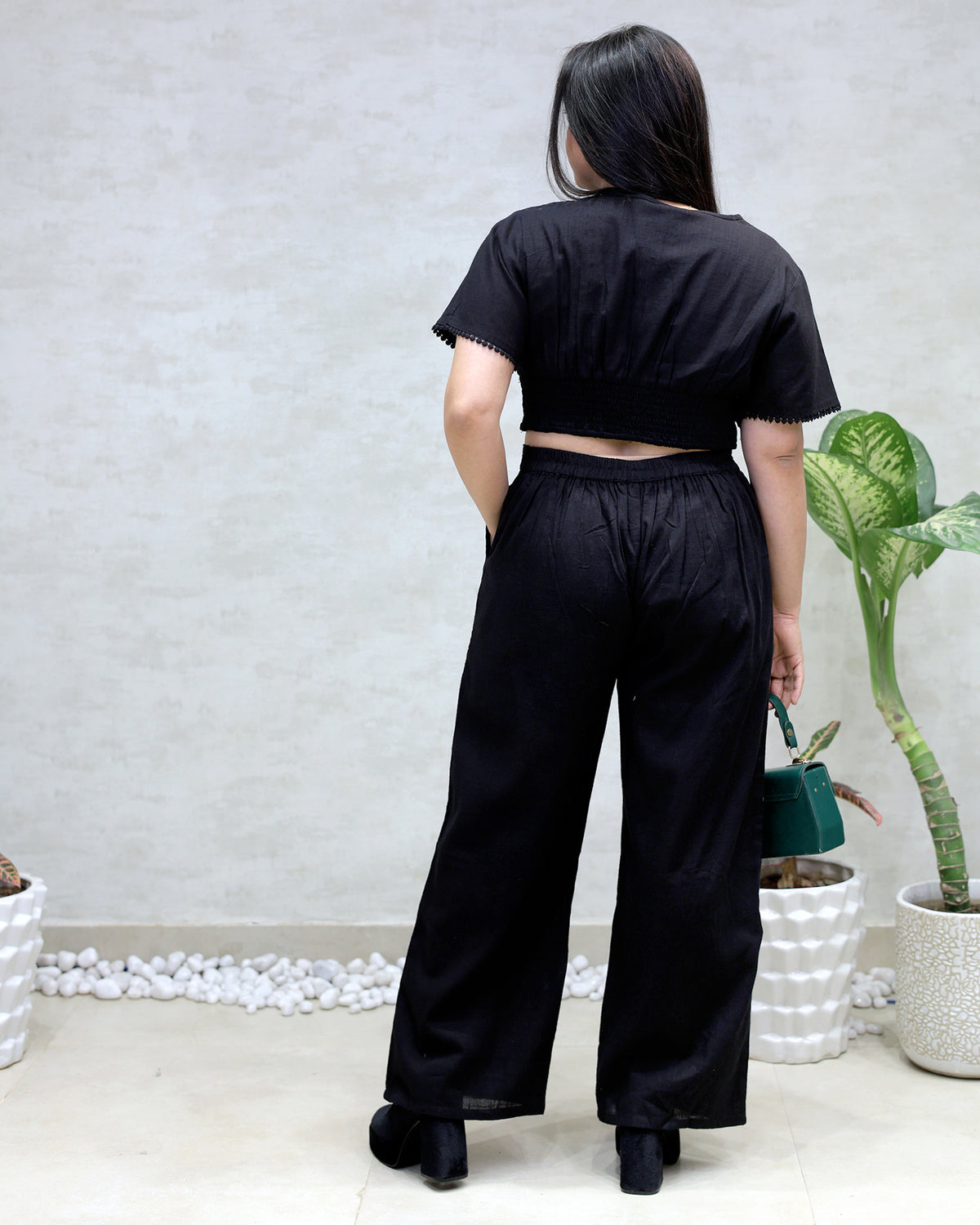 Floral Embroidered Crop Top with High Waisted Pants